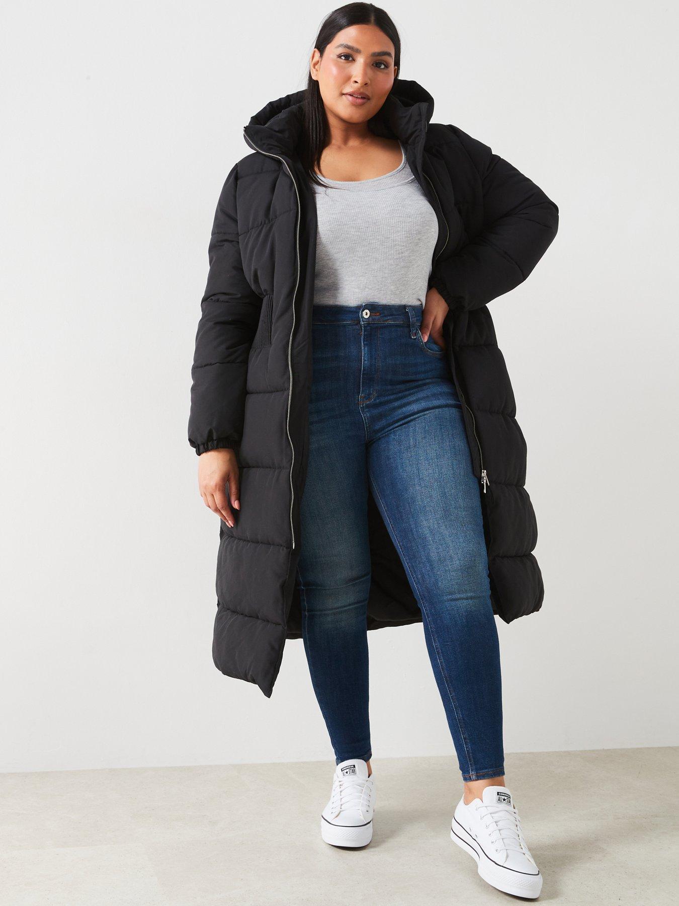 v-by-very-curve-hooded-cinched-waist-puffer-coat-blackfront