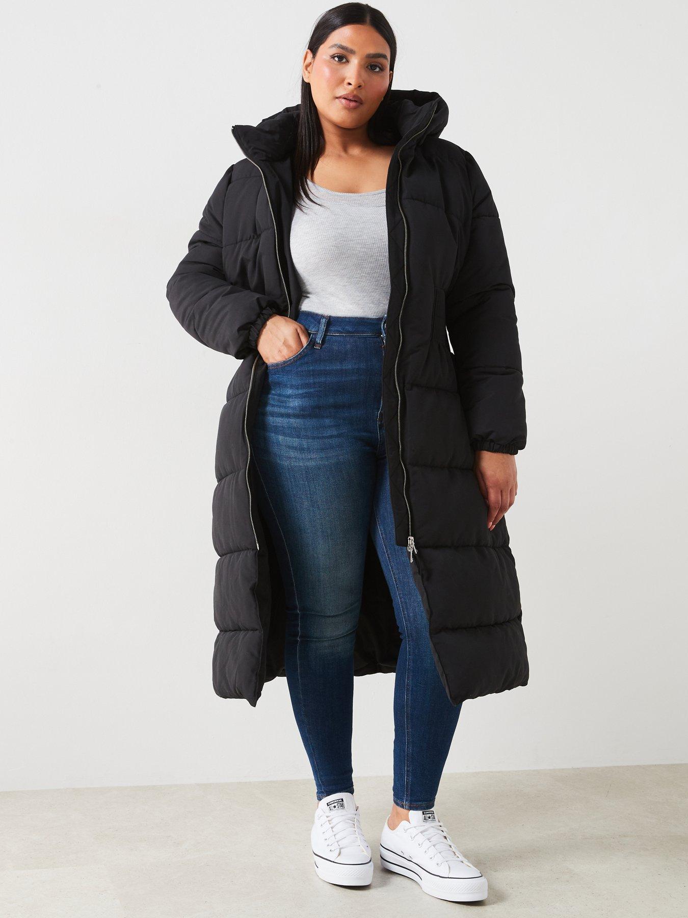 v-by-very-curve-hooded-cinched-waist-puffer-coat-blackdetail