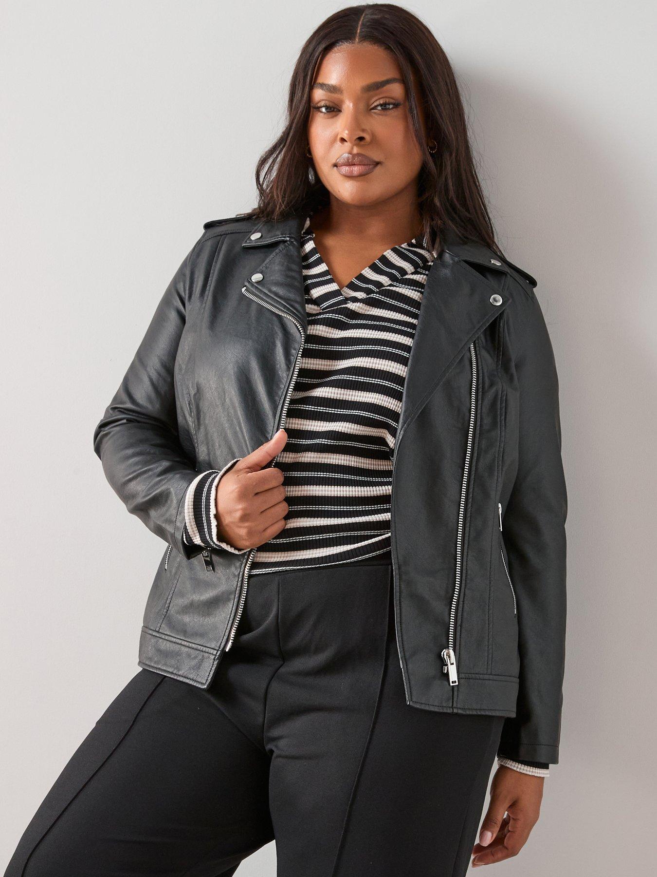 V by Very Curve Longline Faux Leather Biker Jacket - Black