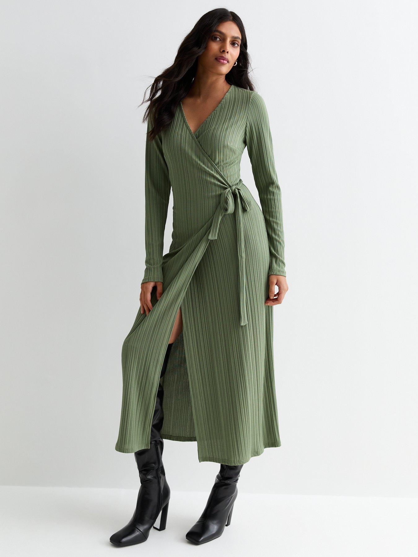 new-look-khaki-ribbed-long-sleeve-wrap-midi-dressfront