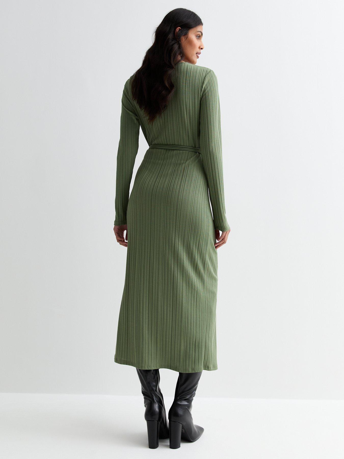 new-look-khaki-ribbed-long-sleeve-wrap-midi-dressstillFront