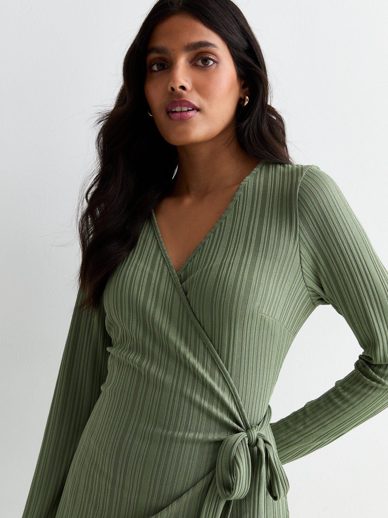 new-look-khaki-ribbed-long-sleeve-wrap-midi-dressoutfit