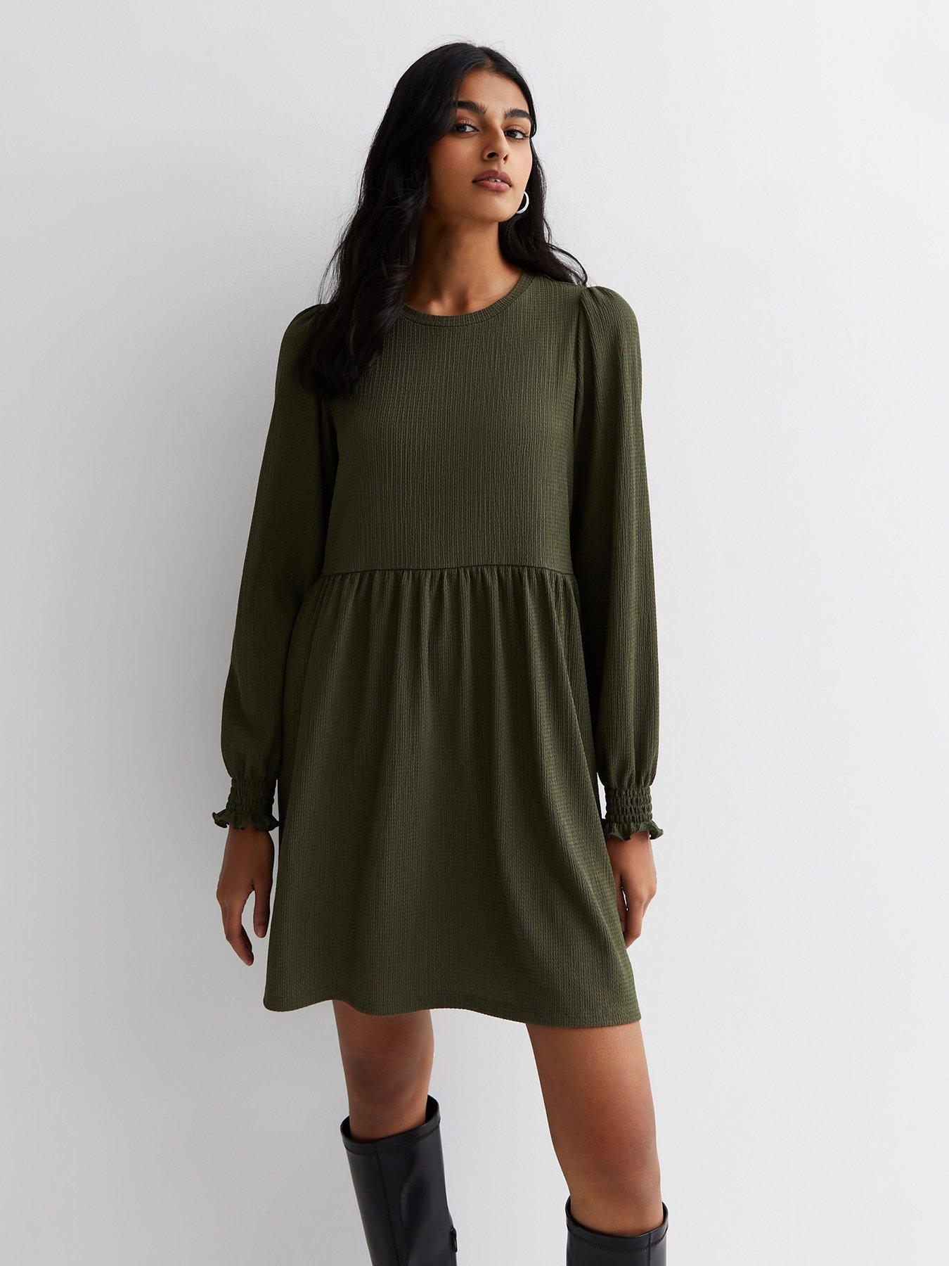 new-look-khaki-crinkle-long-sleeve-smock-mini-dress