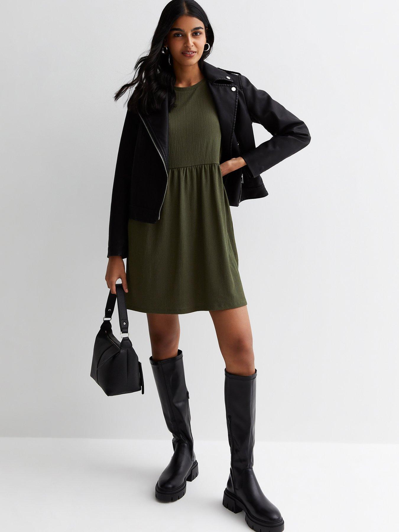 new-look-khaki-crinkle-long-sleeve-smock-mini-dressback