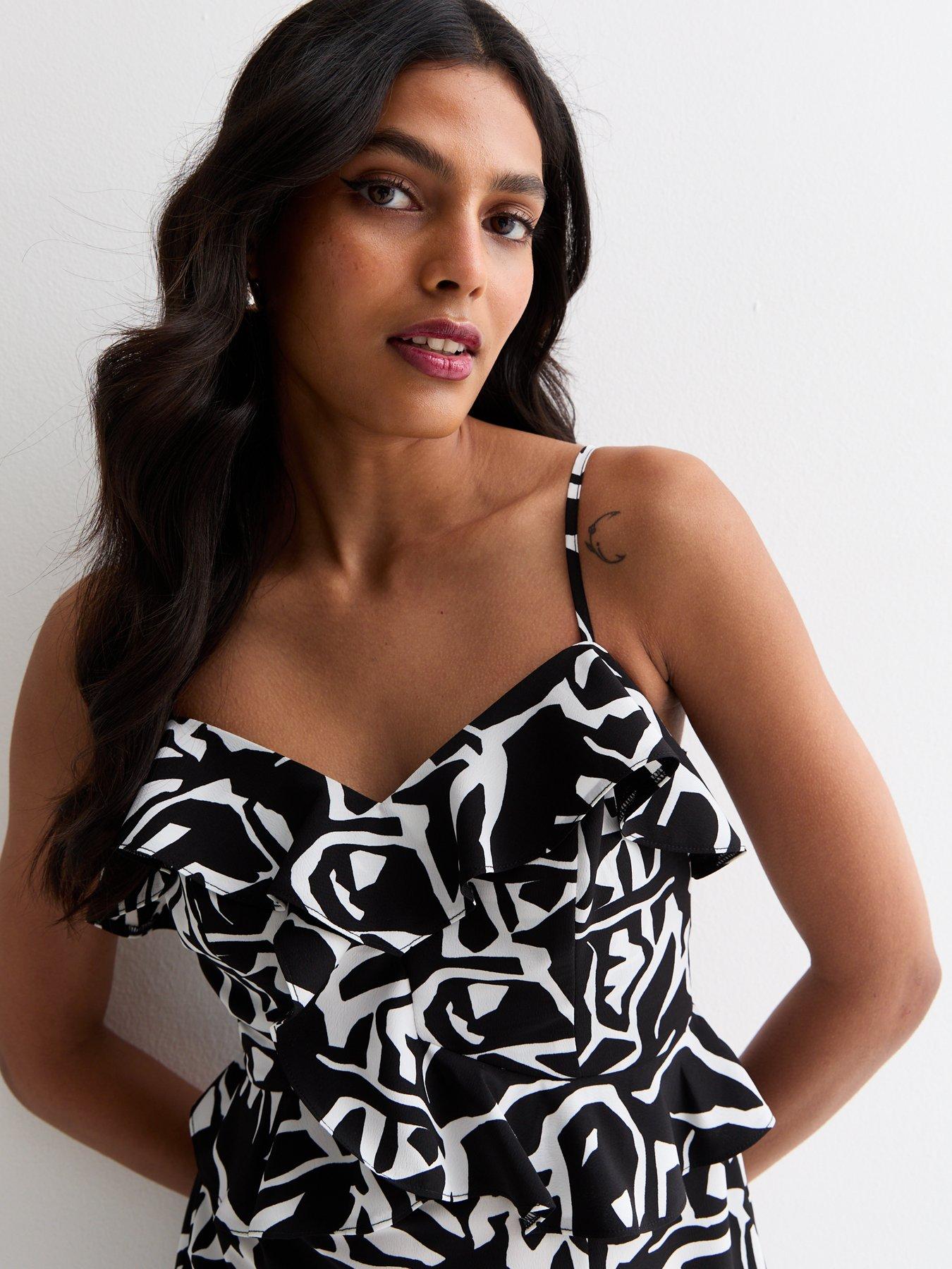 New Look Black Abstract Print Strappy Ruffle Midi Dress | Very Ireland