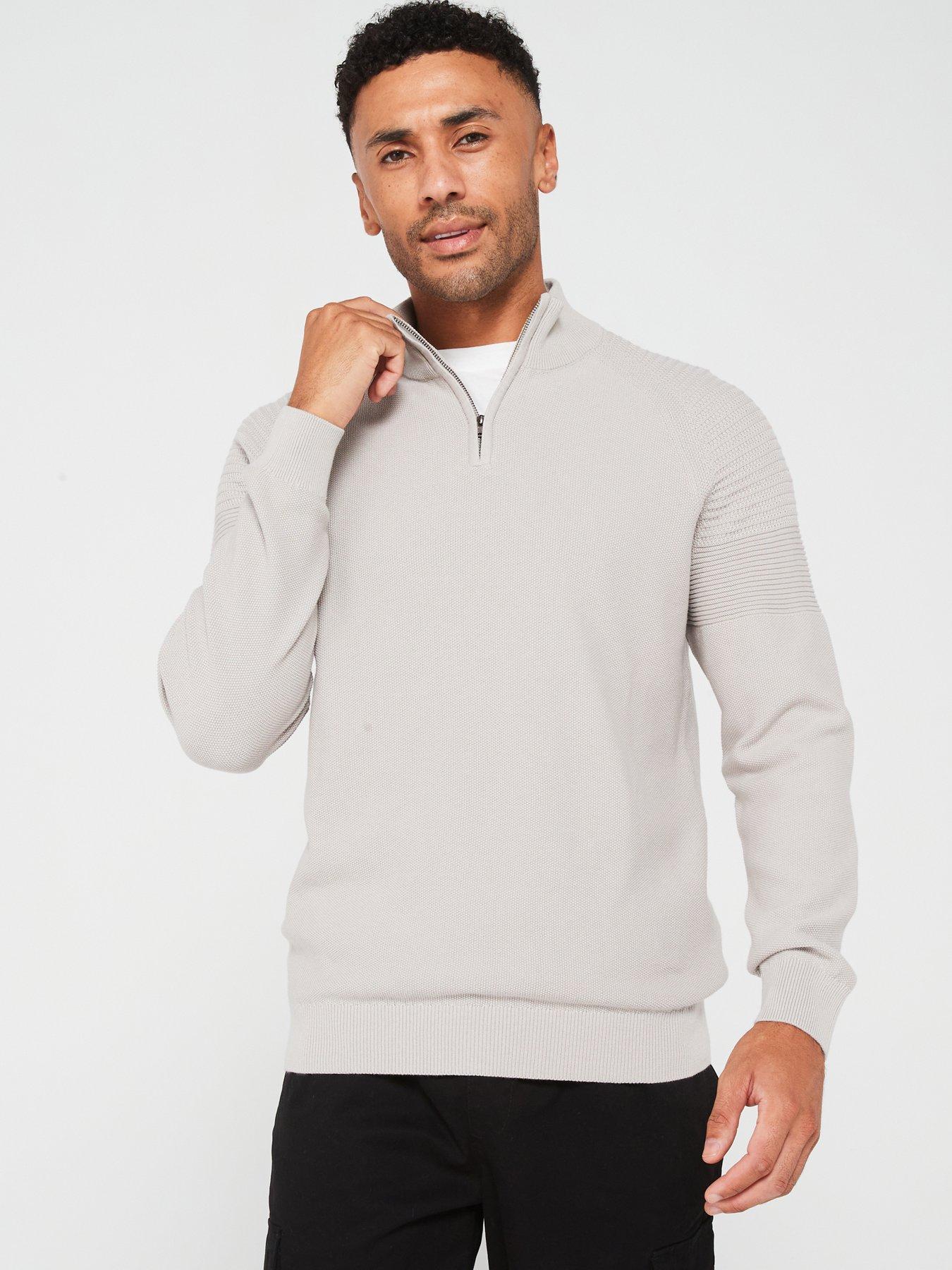 very-man-textured-sleeve-panel-14-zip-jumper-light-grey