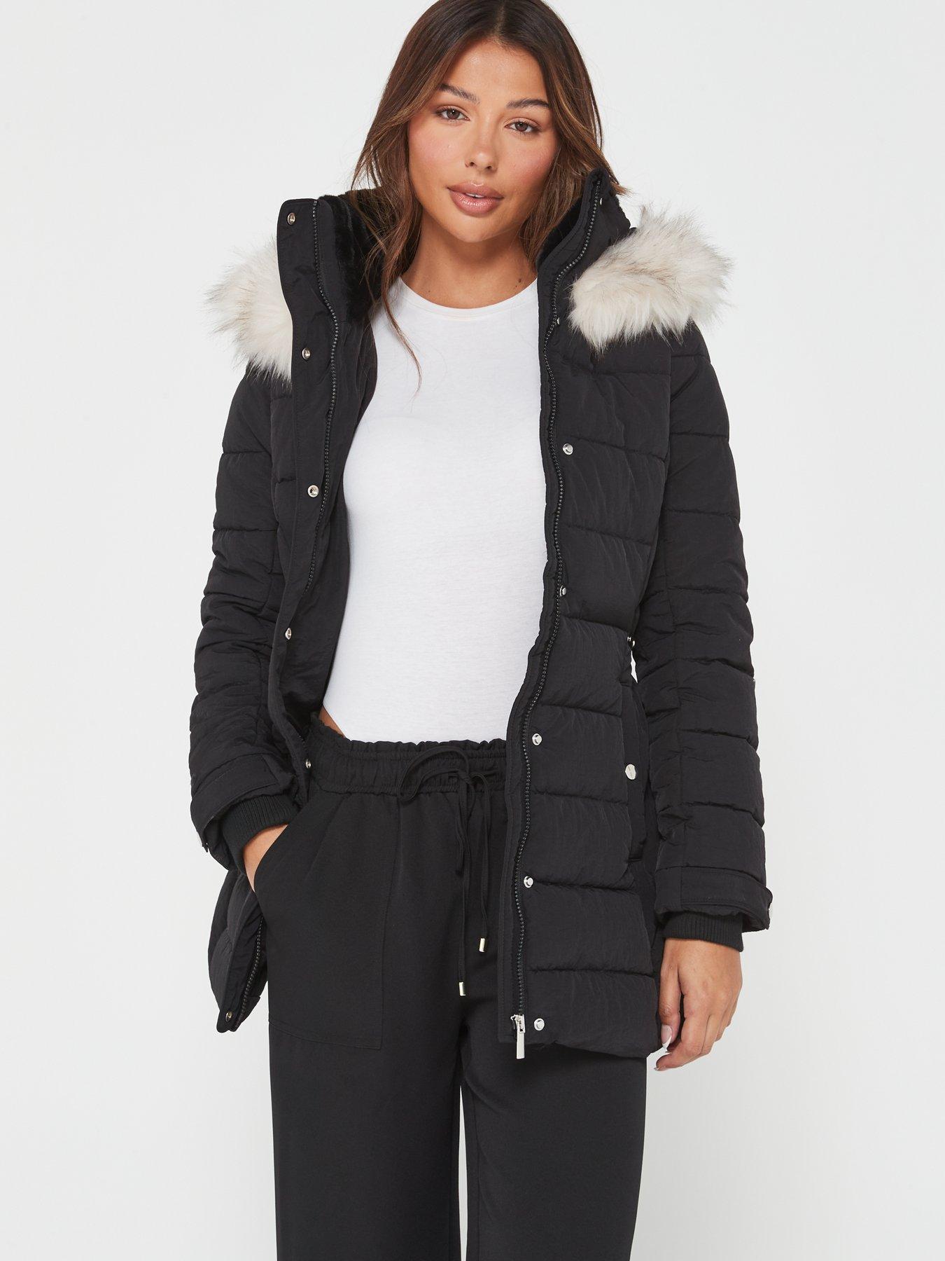 everyday-padded-short-coat-with-faux-fur-trim-hood-blackfront