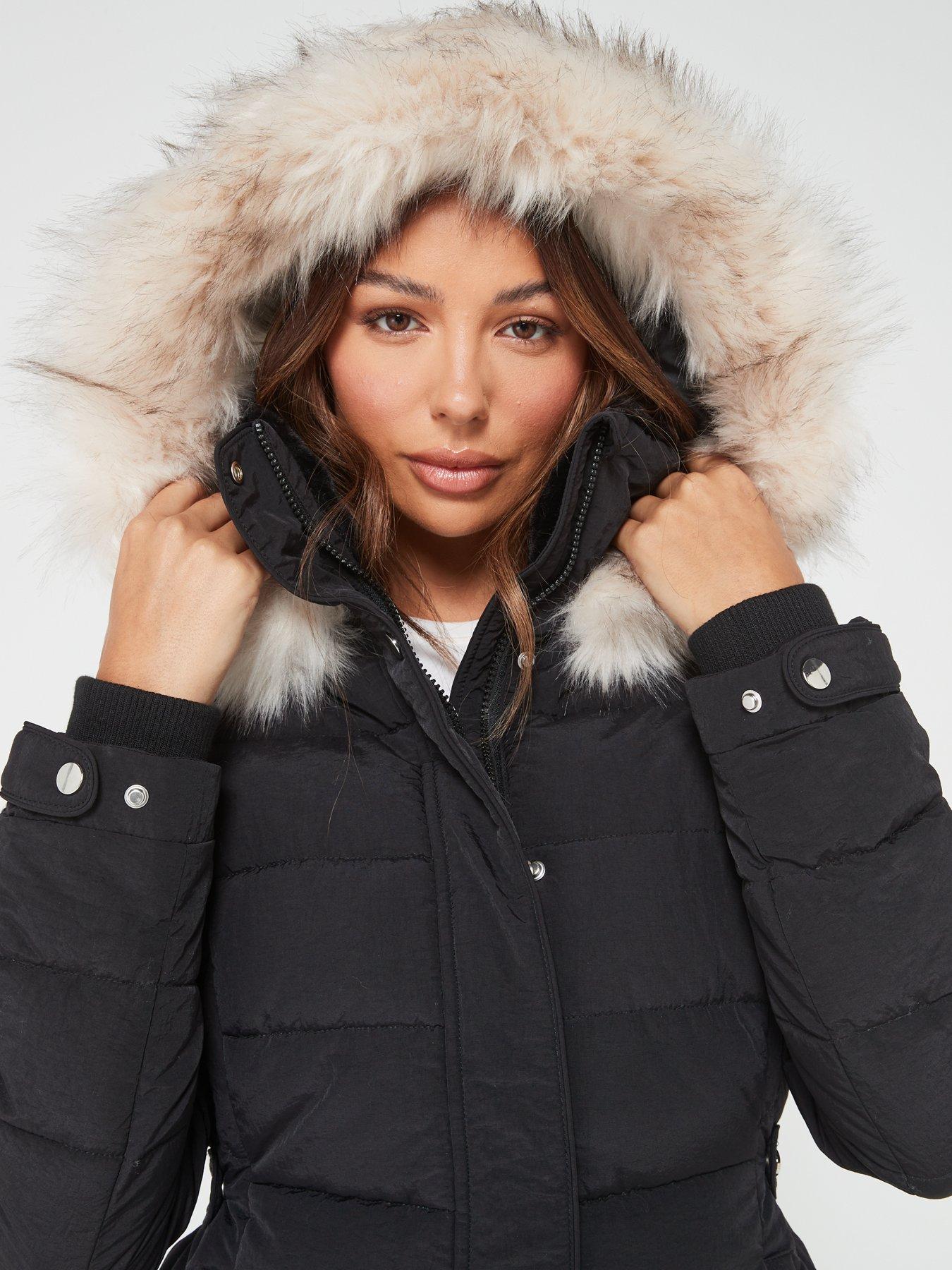 Everyday Padded Short Coat With Faux Fur Trim Hood Black Very