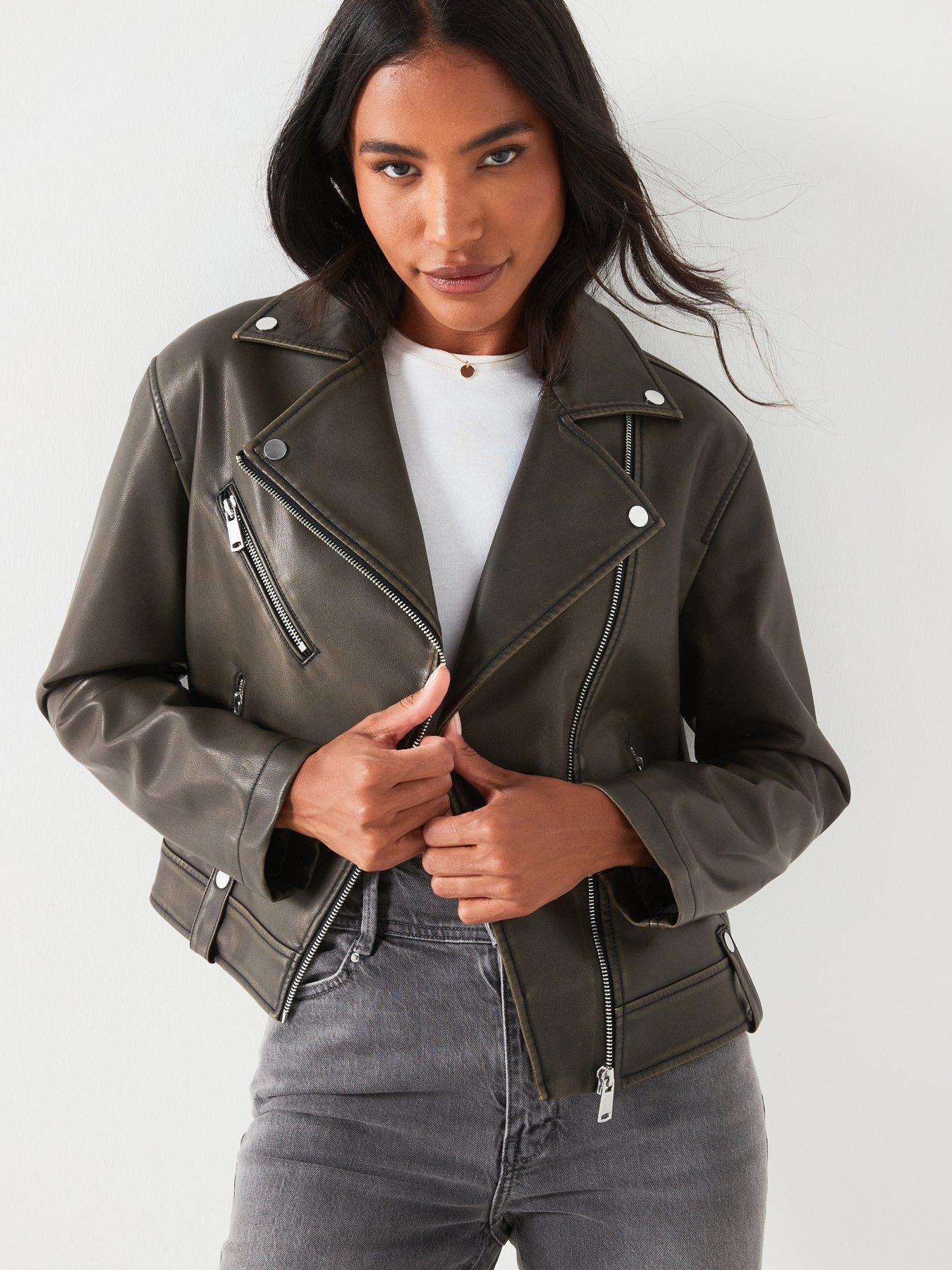 V by Very Distressed Faux Leather Biker - Brown