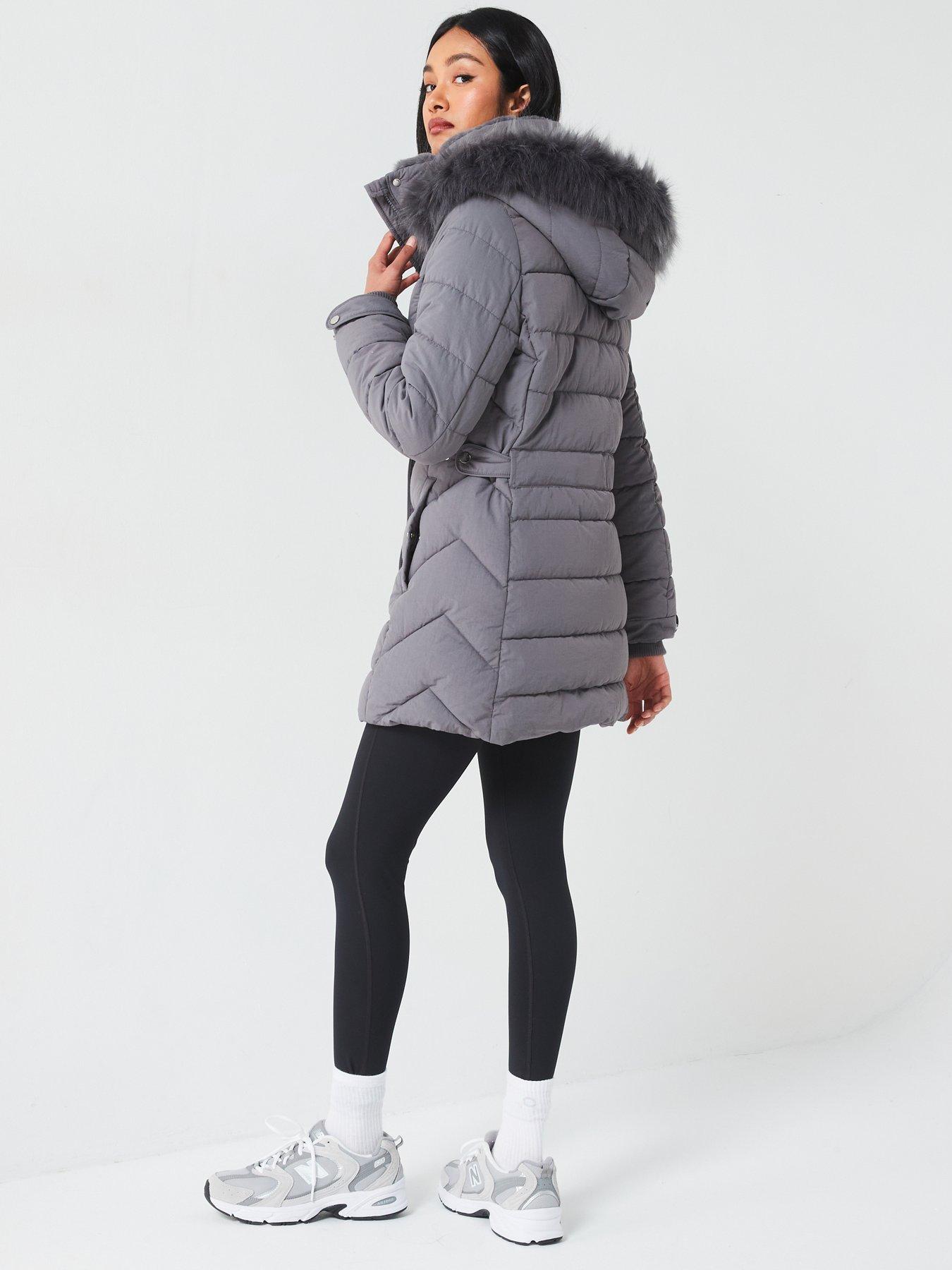 everyday-padded-short-coat-with-faux-fur-trim-hood-greystillFront