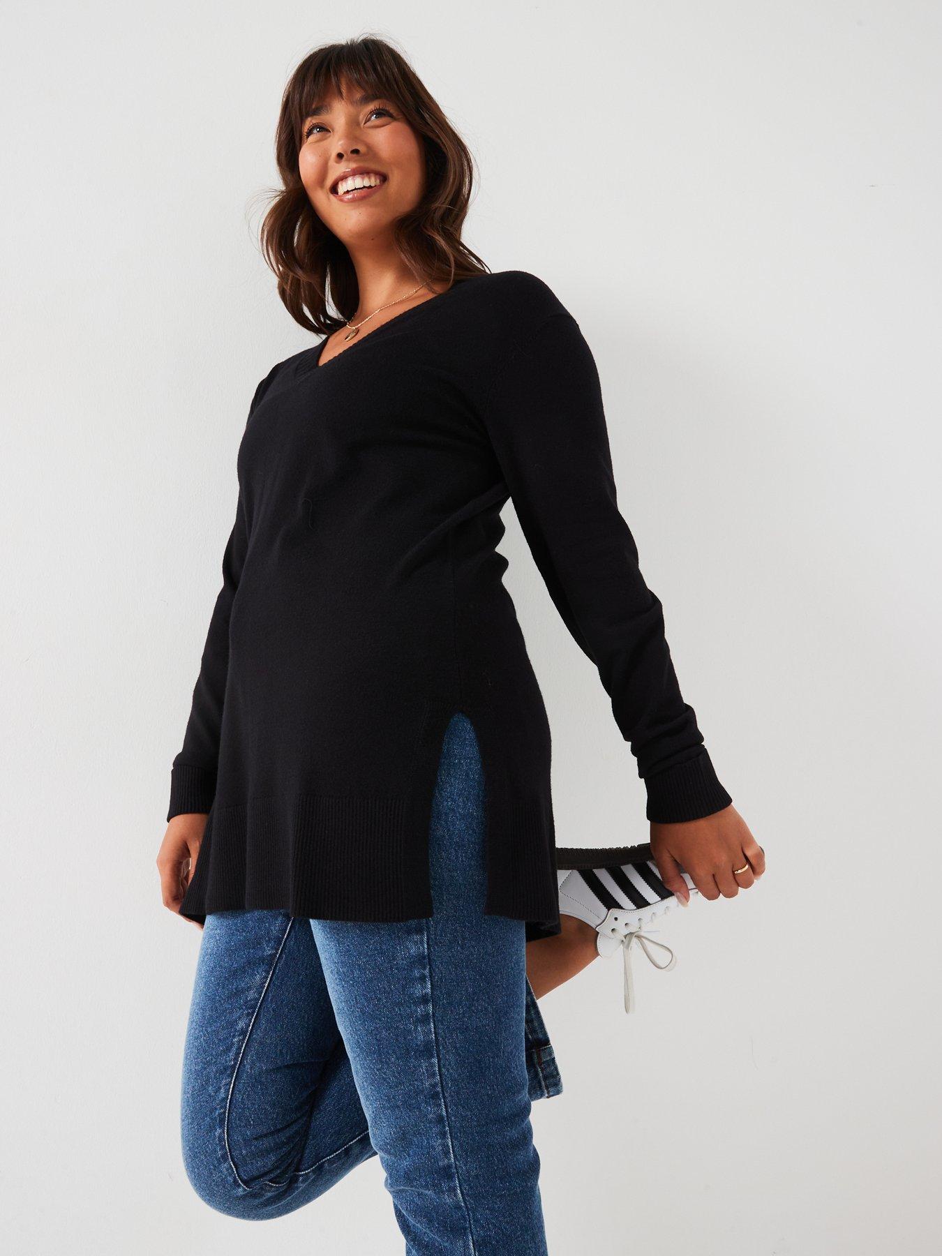 v-by-very-curve-v-neck-split-hem-longline-jumper-blackdetail