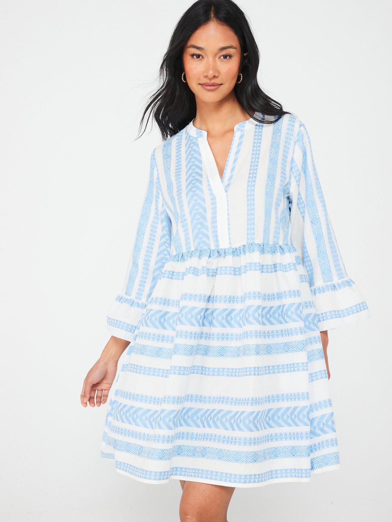 jdy-v-neck-frill-sleeve-mini-dress-bluewhite