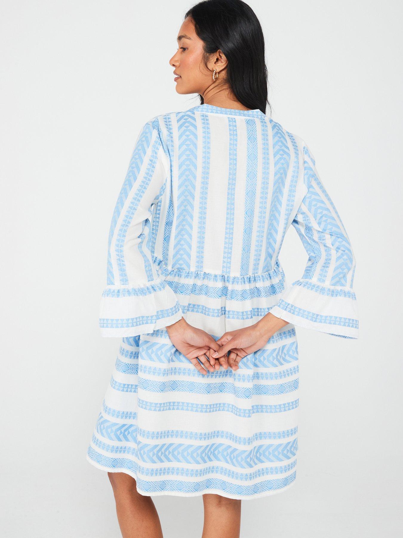 jdy-v-neck-frill-sleeve-mini-dress-bluewhitestillFront