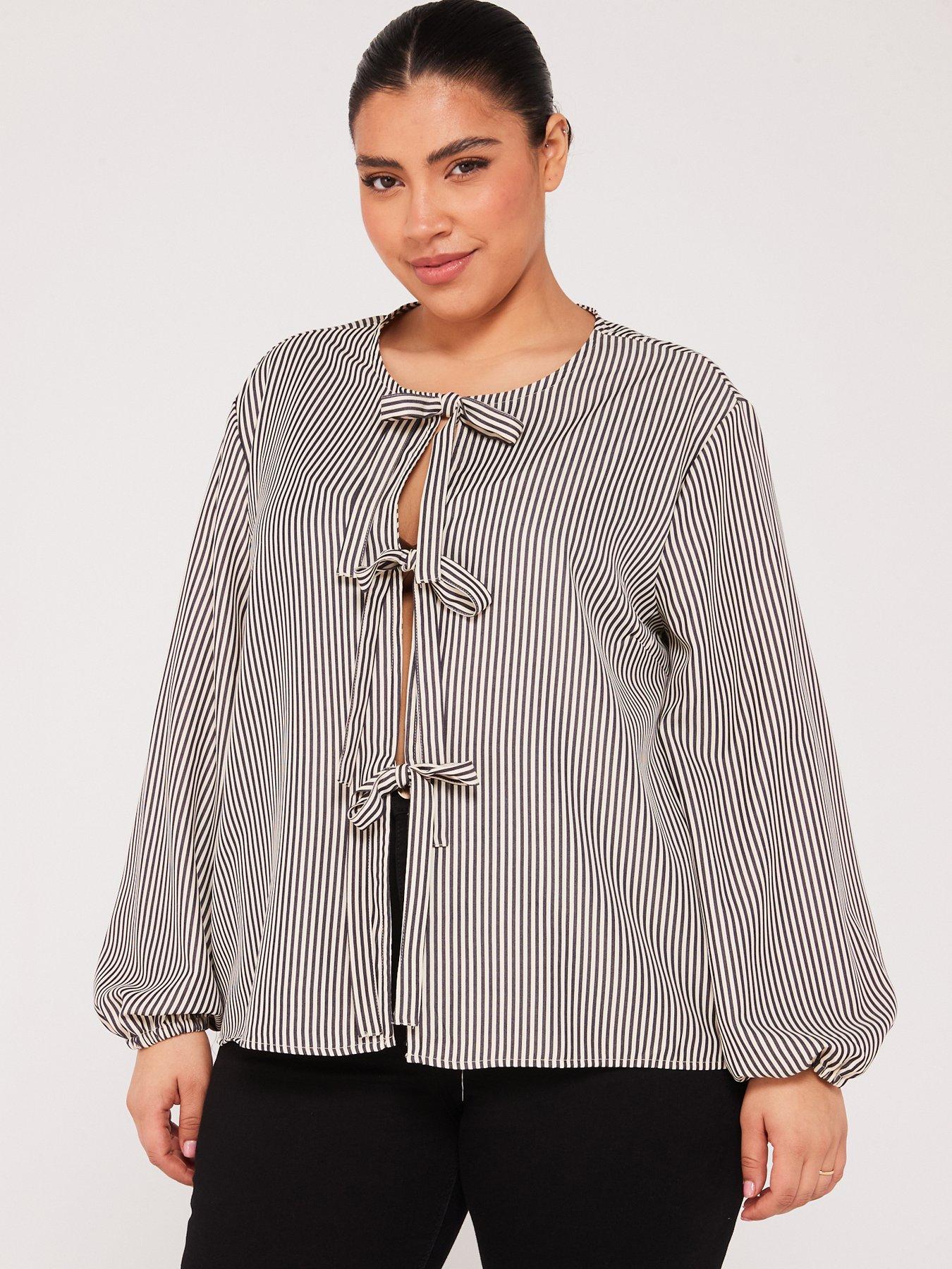 only-curve-stripe-tie-detail-blouse-black