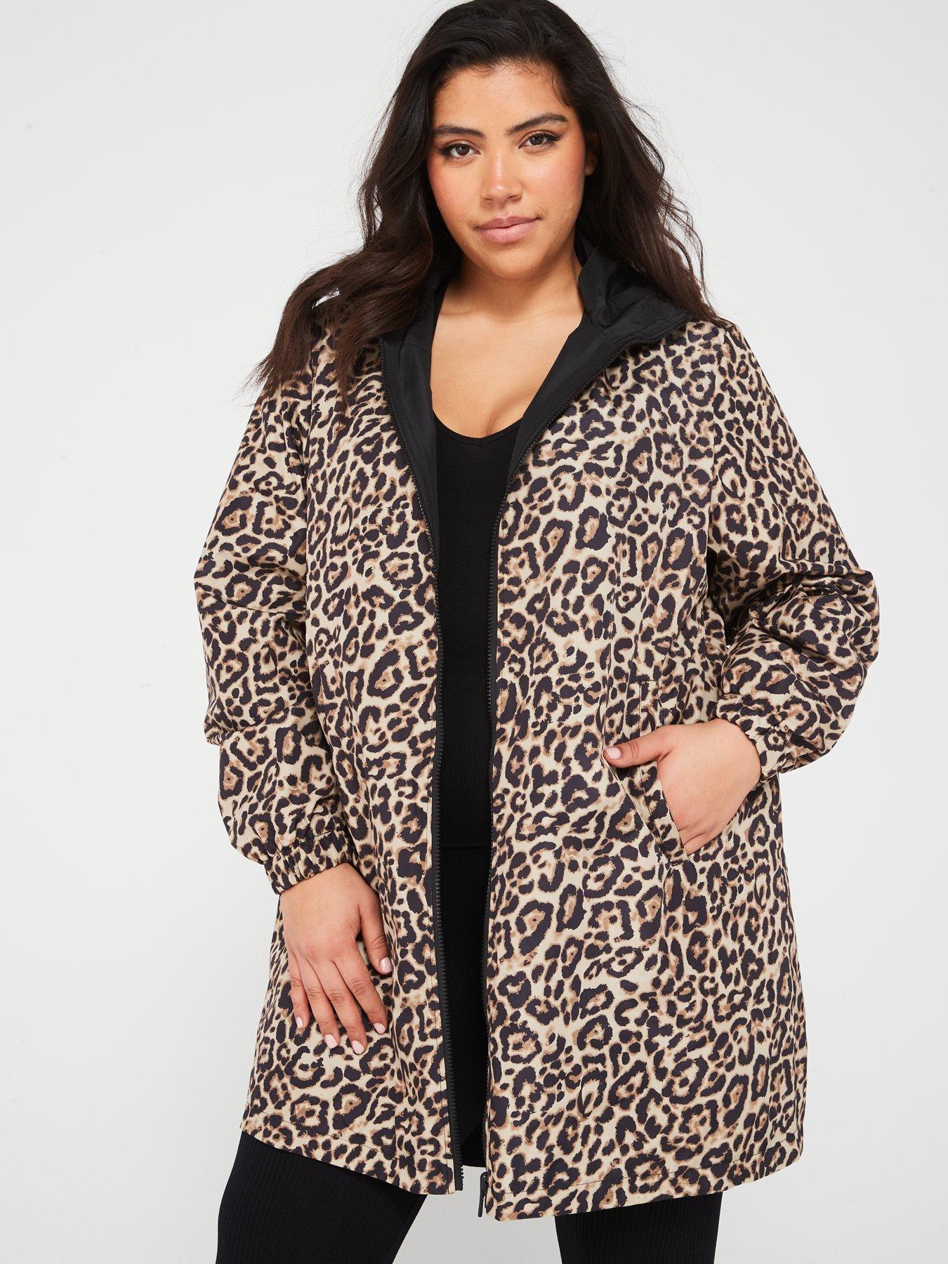 Reversible Leopard Print Longline Rain Jacket Black