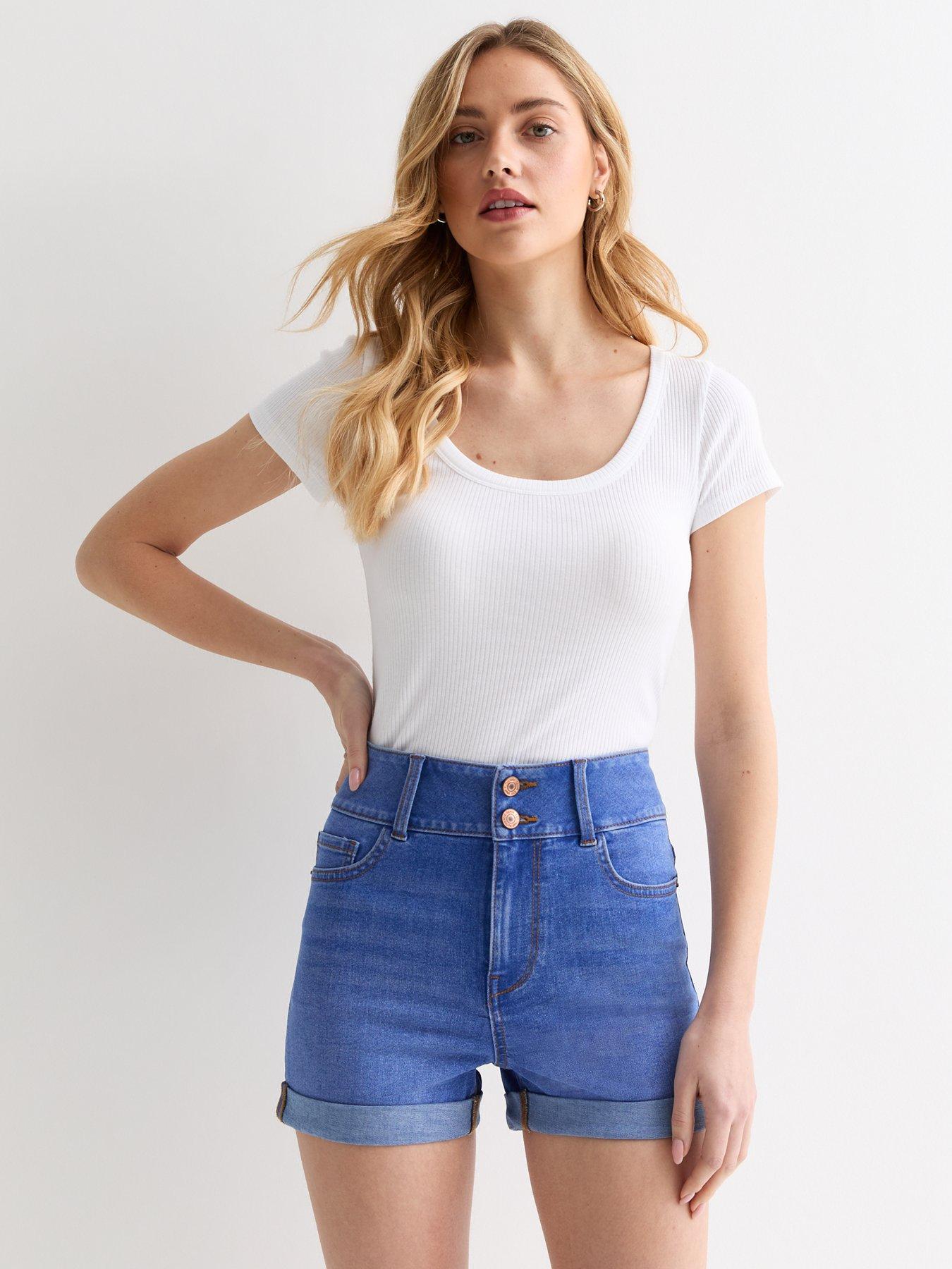 Blue Denim Raw Hem High Waist Bermuda Shorts