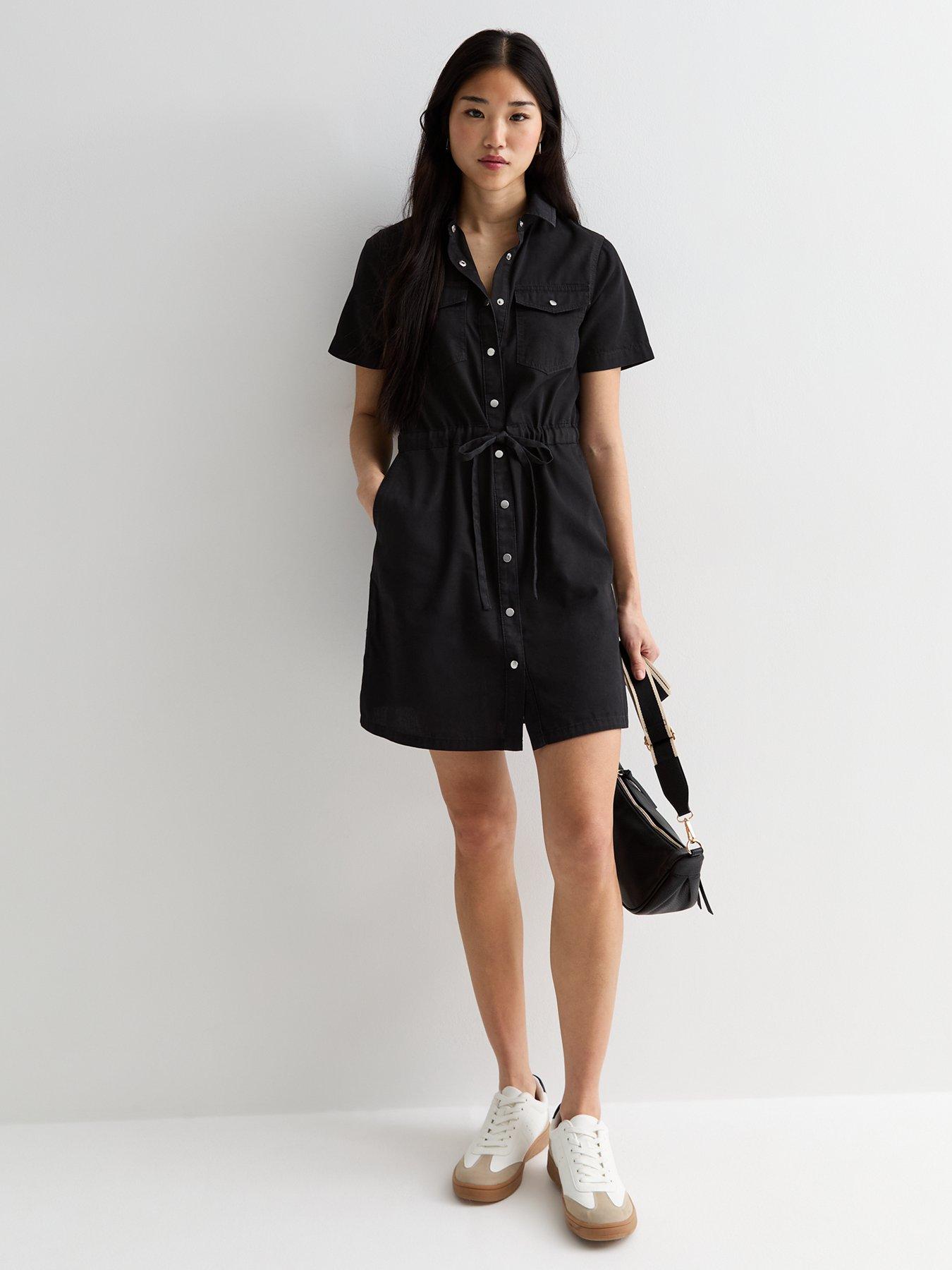 new-look-black-lightweight-denim-drawstring-short-sleeve-mini-shirt-dress