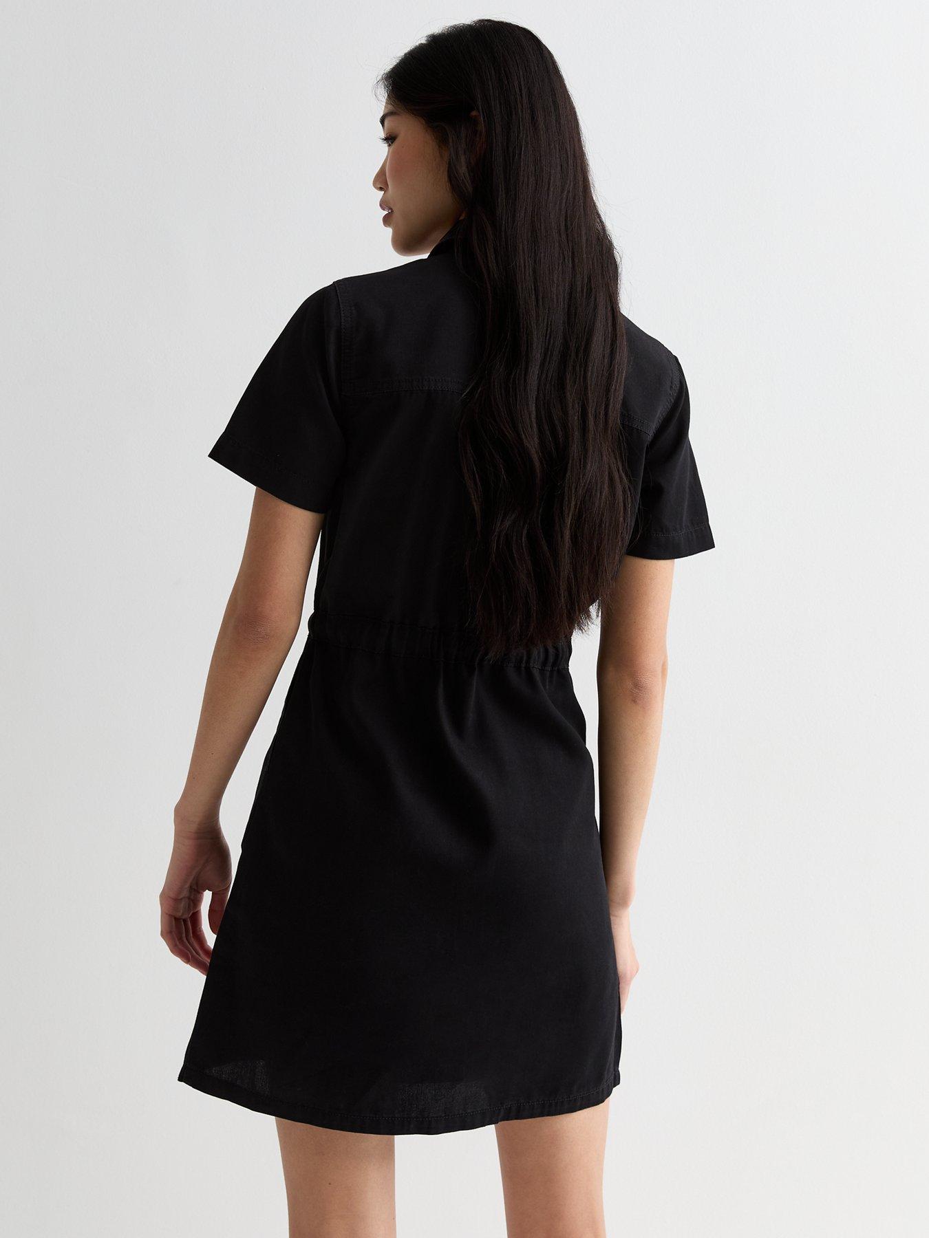 new-look-black-lightweight-denim-drawstring-short-sleeve-mini-shirt-dressstillFront