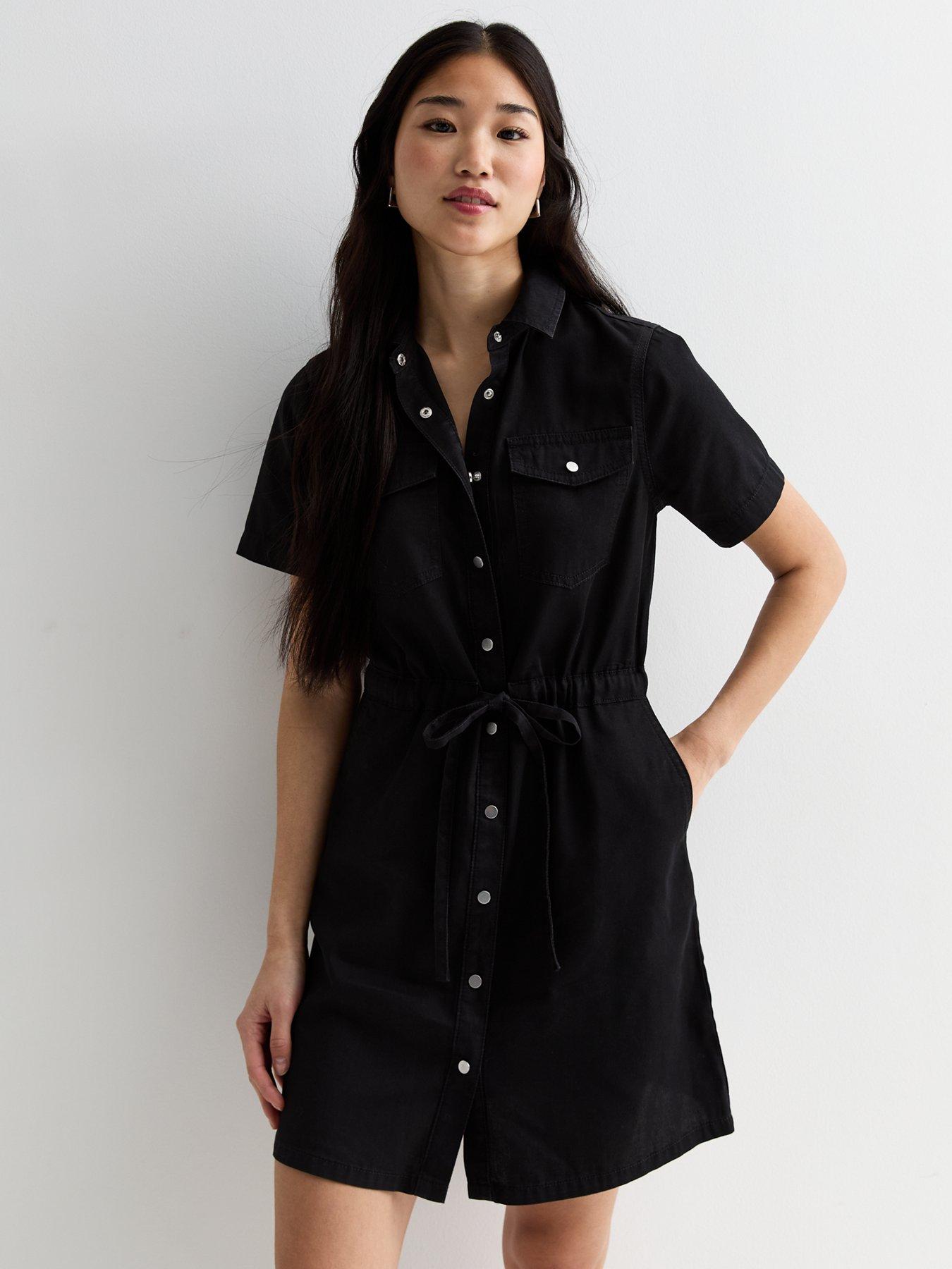 new-look-black-lightweight-denim-drawstring-short-sleeve-mini-shirt-dressback