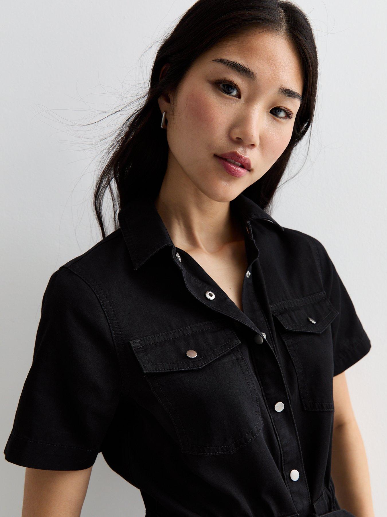 new-look-black-lightweight-denim-drawstring-short-sleeve-mini-shirt-dressoutfit