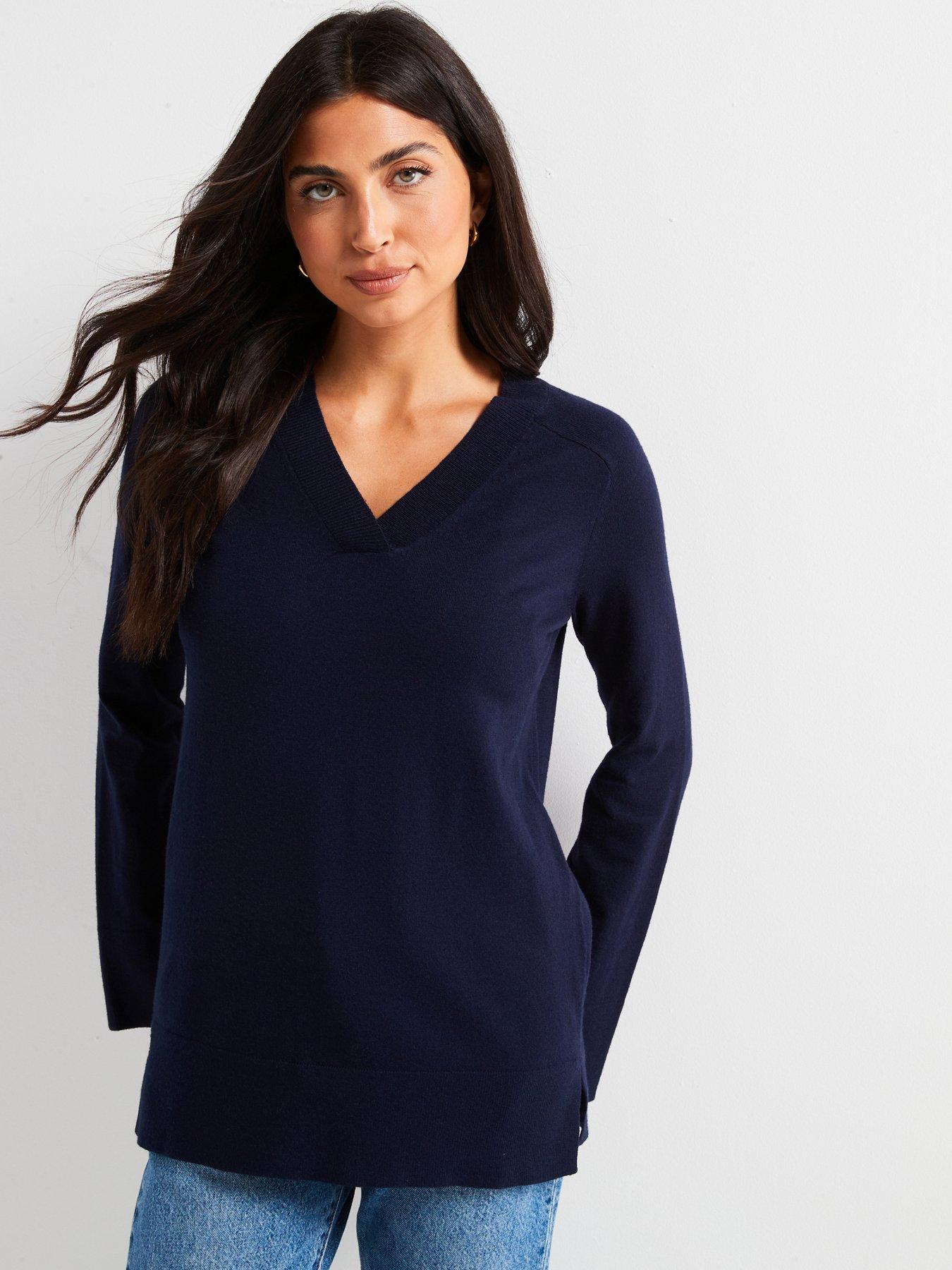 undefined V Neck Longline Jumper - Navy
