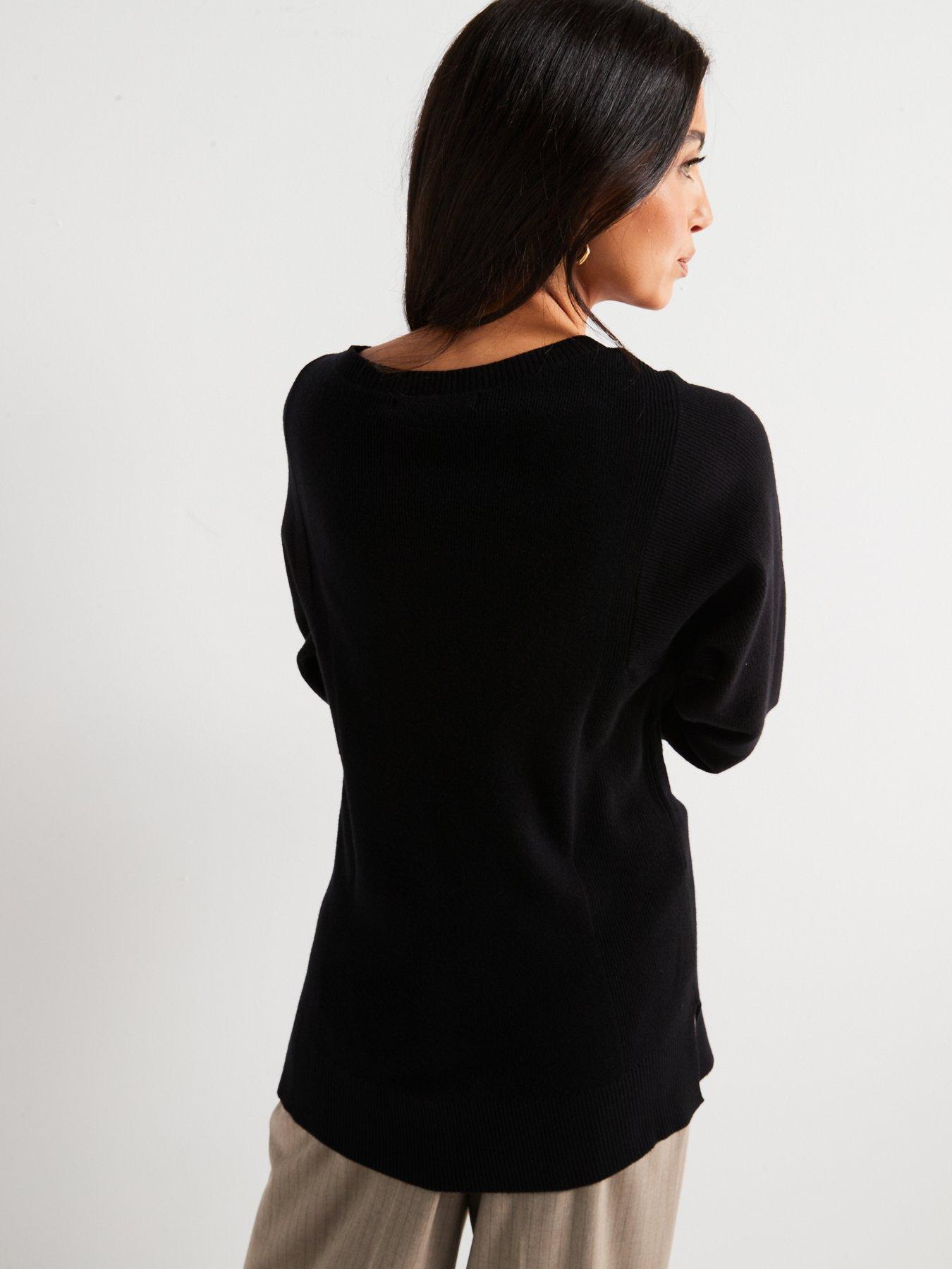 Image 2 of 6 of Everyday Slash Neck Wide Sleeve Longline Jumper - Black