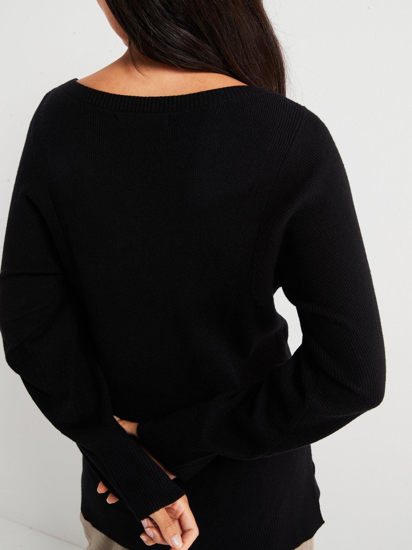 Image 5 of 6 of Everyday Slash Neck Wide Sleeve Longline Jumper - Black