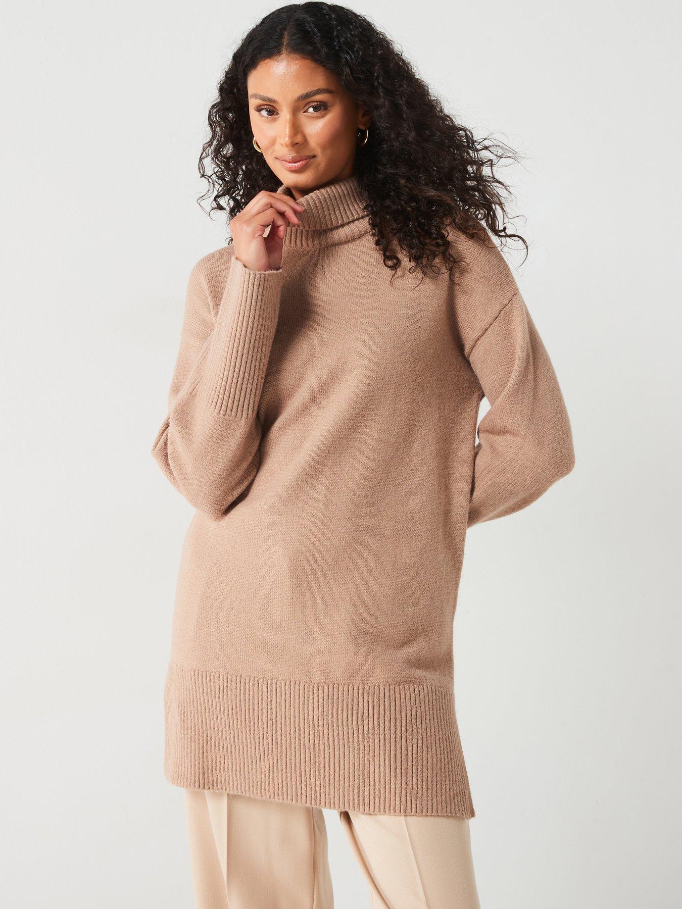 v-by-very-roll-neck-deep-rib-longline-jumper-brown