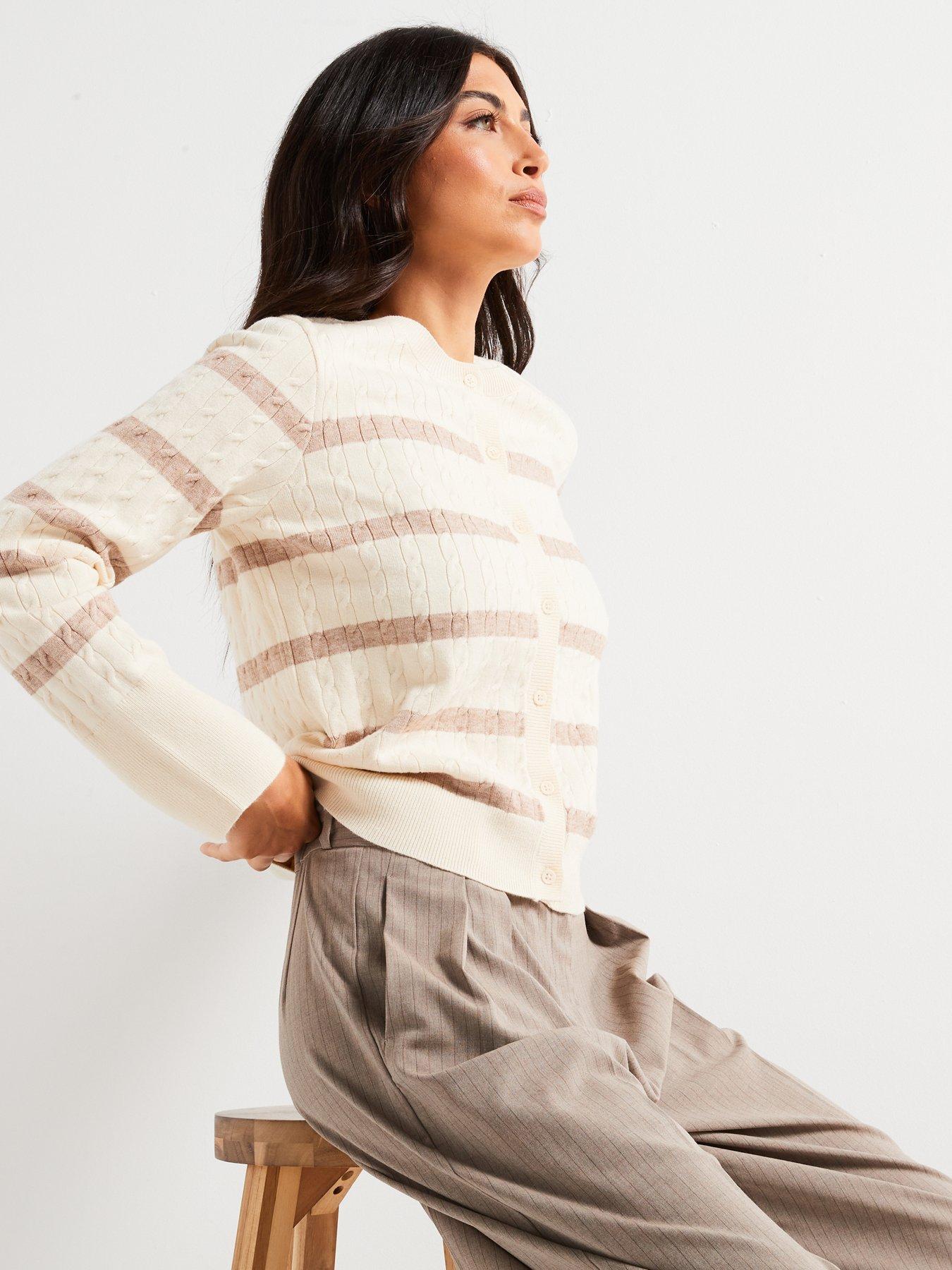 everyday-crew-neck-cable-knit-stripe-cardigan-beigeivoryoutfit