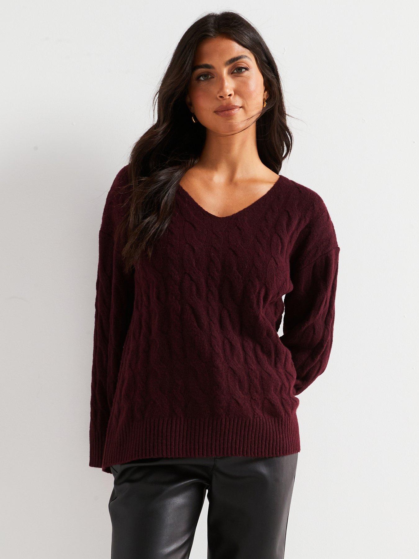 V by Very V Neck Cable Jumper Dark Red Very Ireland