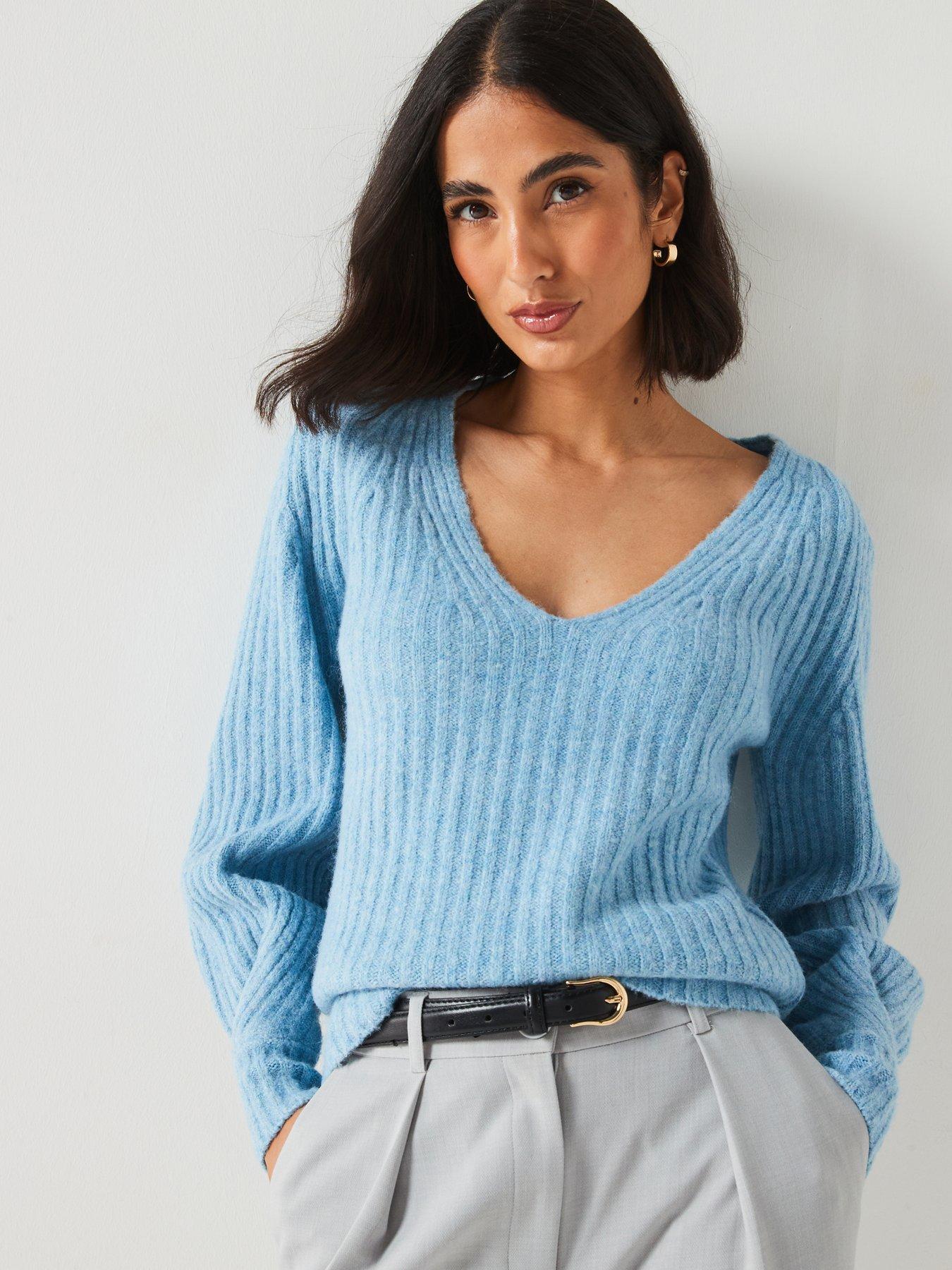 v-by-very-v-neck-pleated-knitted-jumper-light-blue