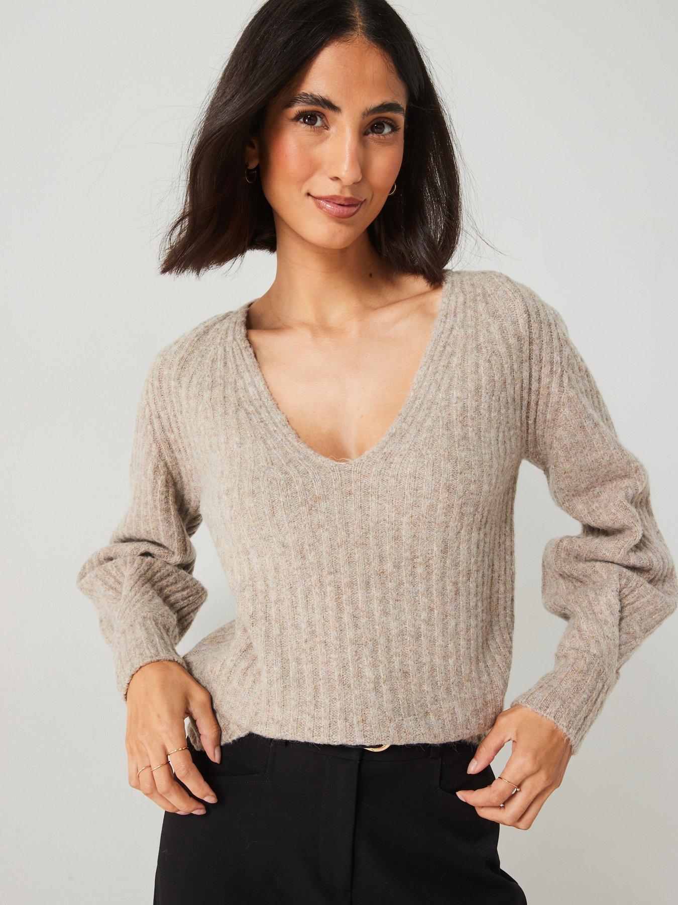 v-by-very-v-neck-pleated-knitted-jumper-brown