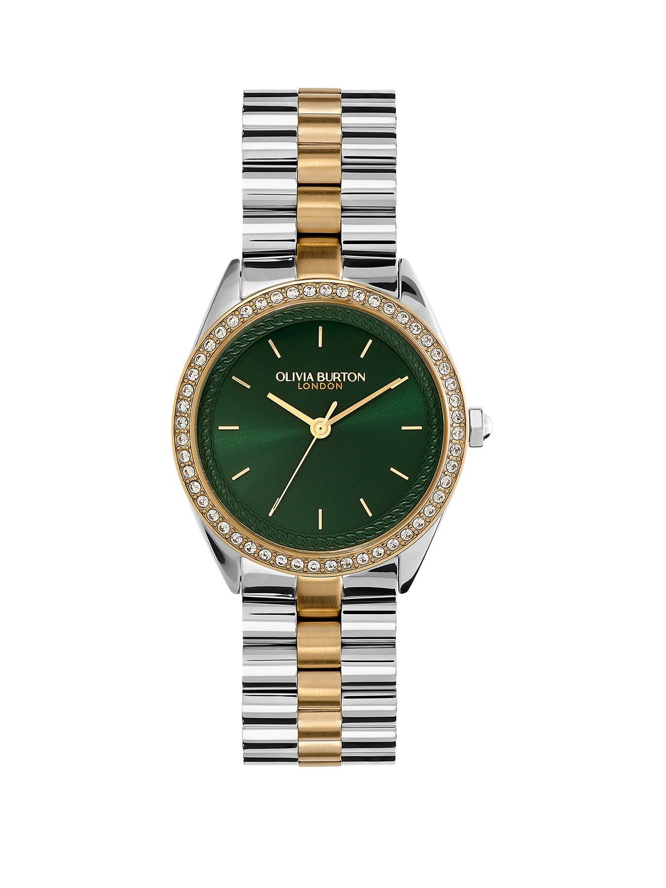 Olivia Burton Olivia Burton 34mm Bejewelled Crystal Bezel and Forest Green Dial Bracelet Watch