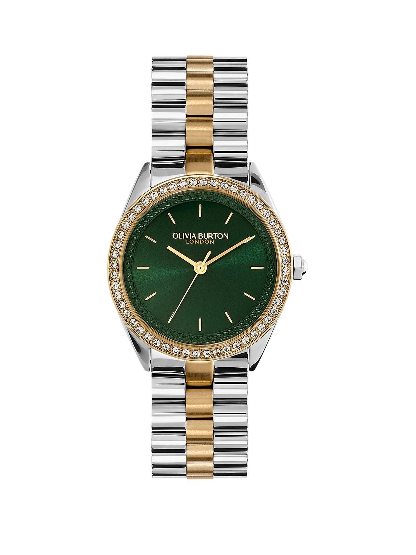 Olivia Burton Olivia Burton 34mm Bejewelled Crystal Bezel and Forest Green Dial Bracelet Watch