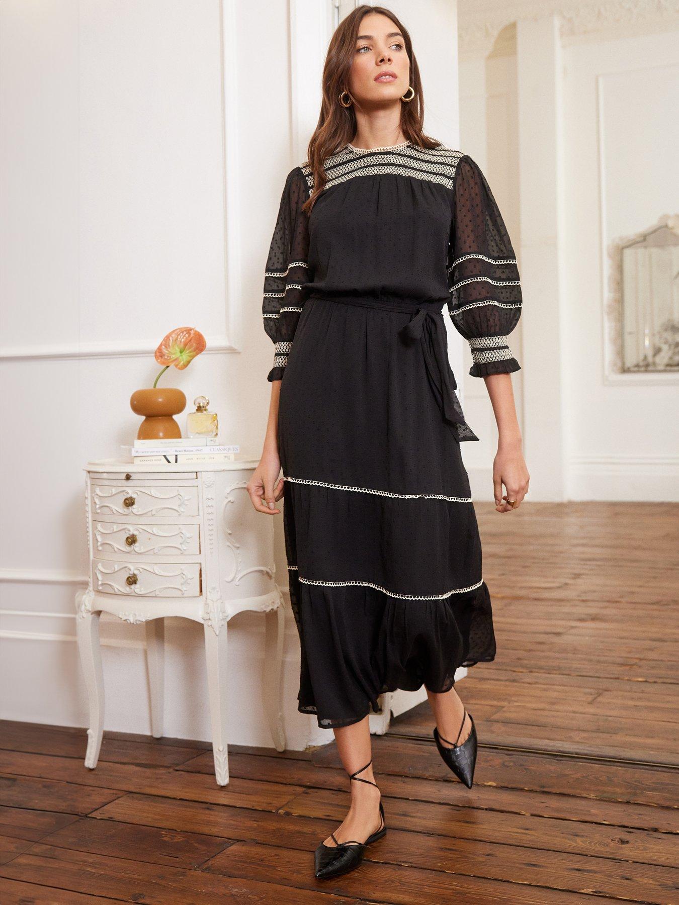 Love Roses Contrast Stitch Tiered Midi Dress Black Very Ireland