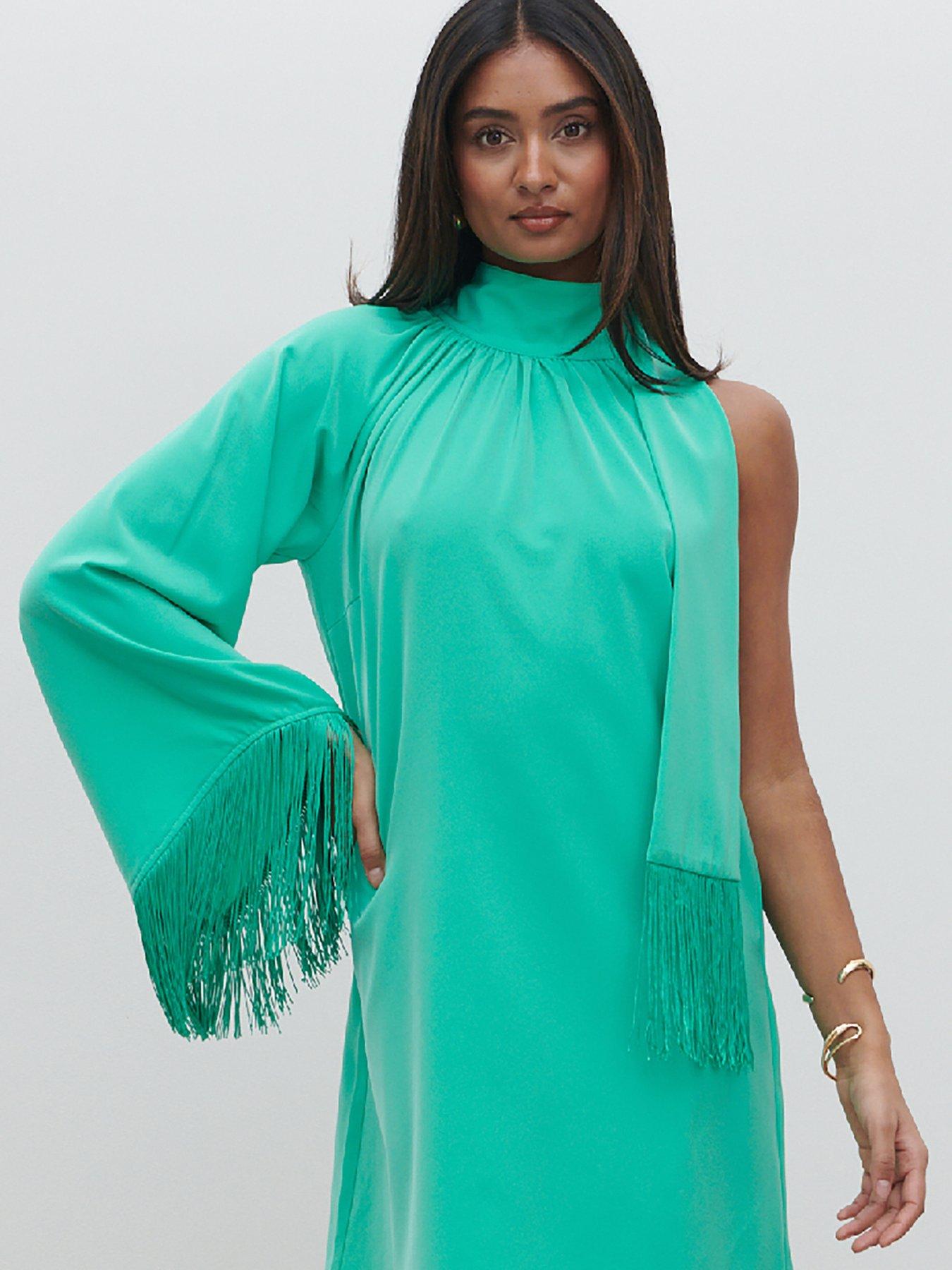 pretty-lavish-keely-one-shoulder-fringe-mini-dress-greenoutfit