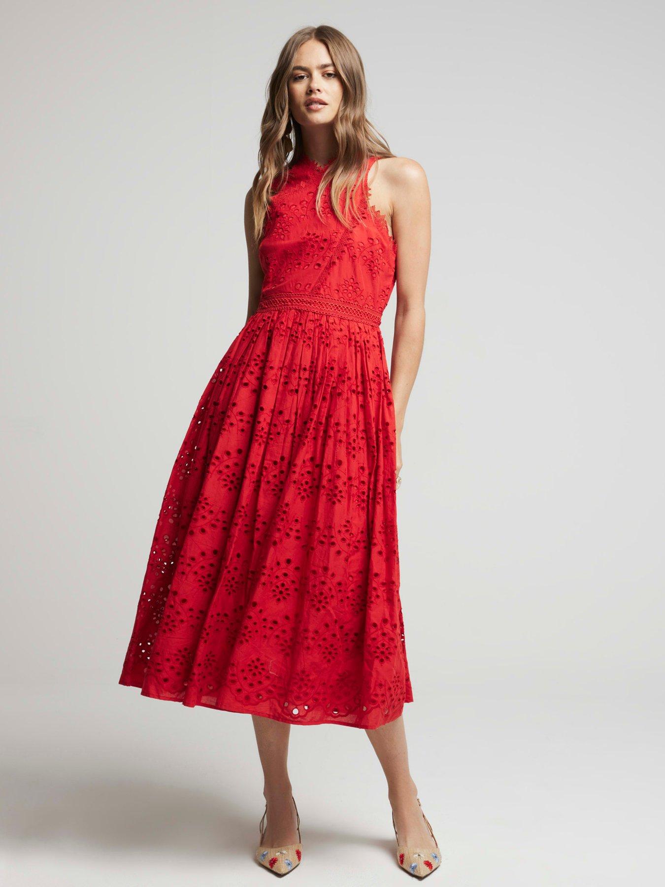 River Island Broidery Detail Halterneck Dress - Red