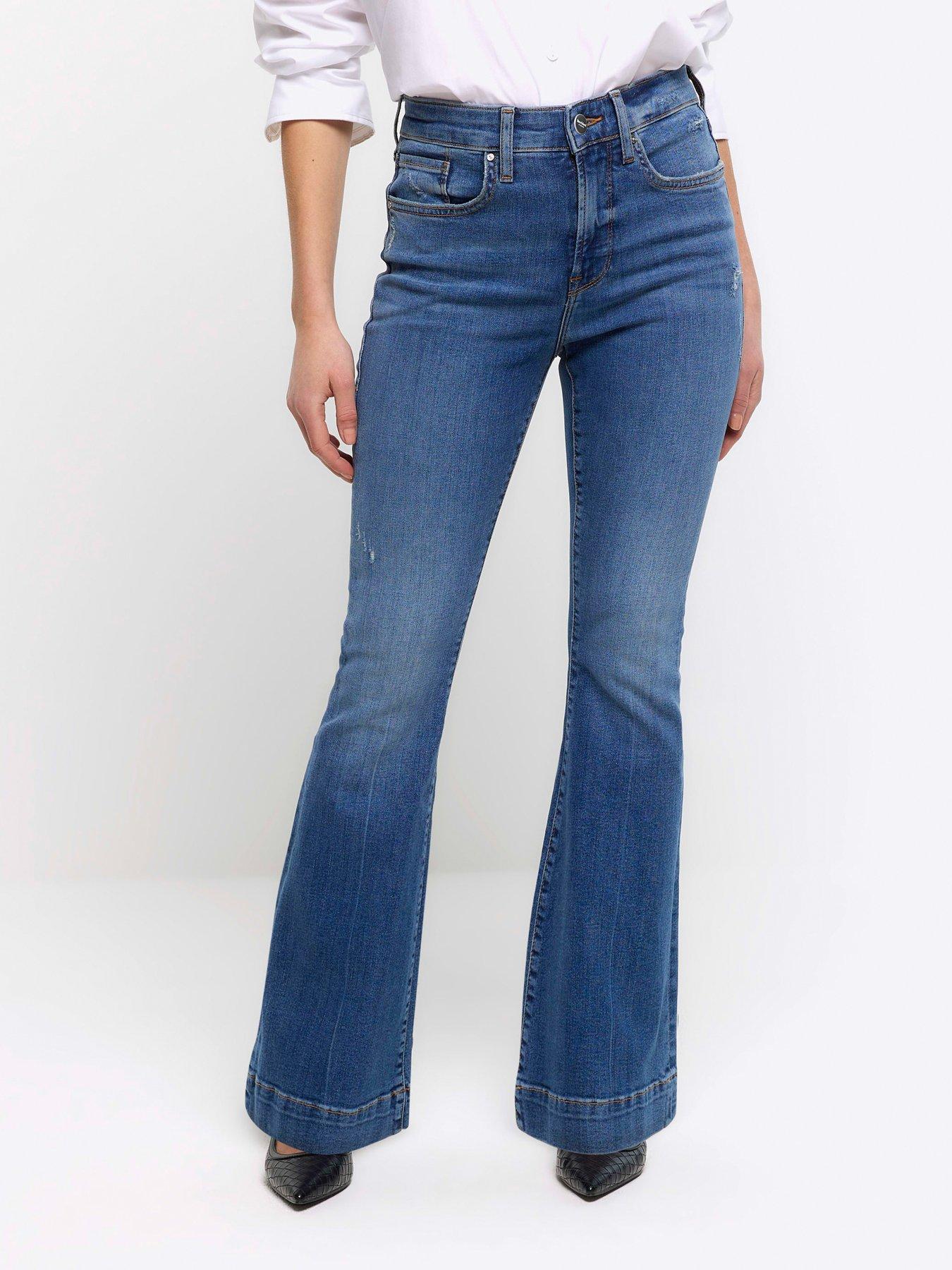 Women's High-Rise Ripped Medium Wash Flare Jeans, Women's Bottoms