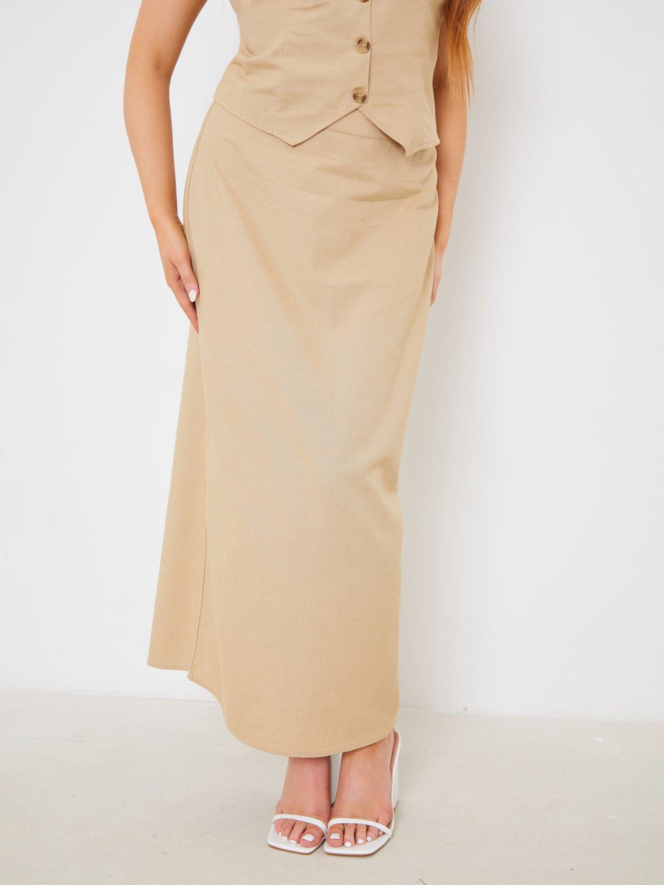 in-the-style-hannah-brown-linen-look-midi-skirt-sandstillFront