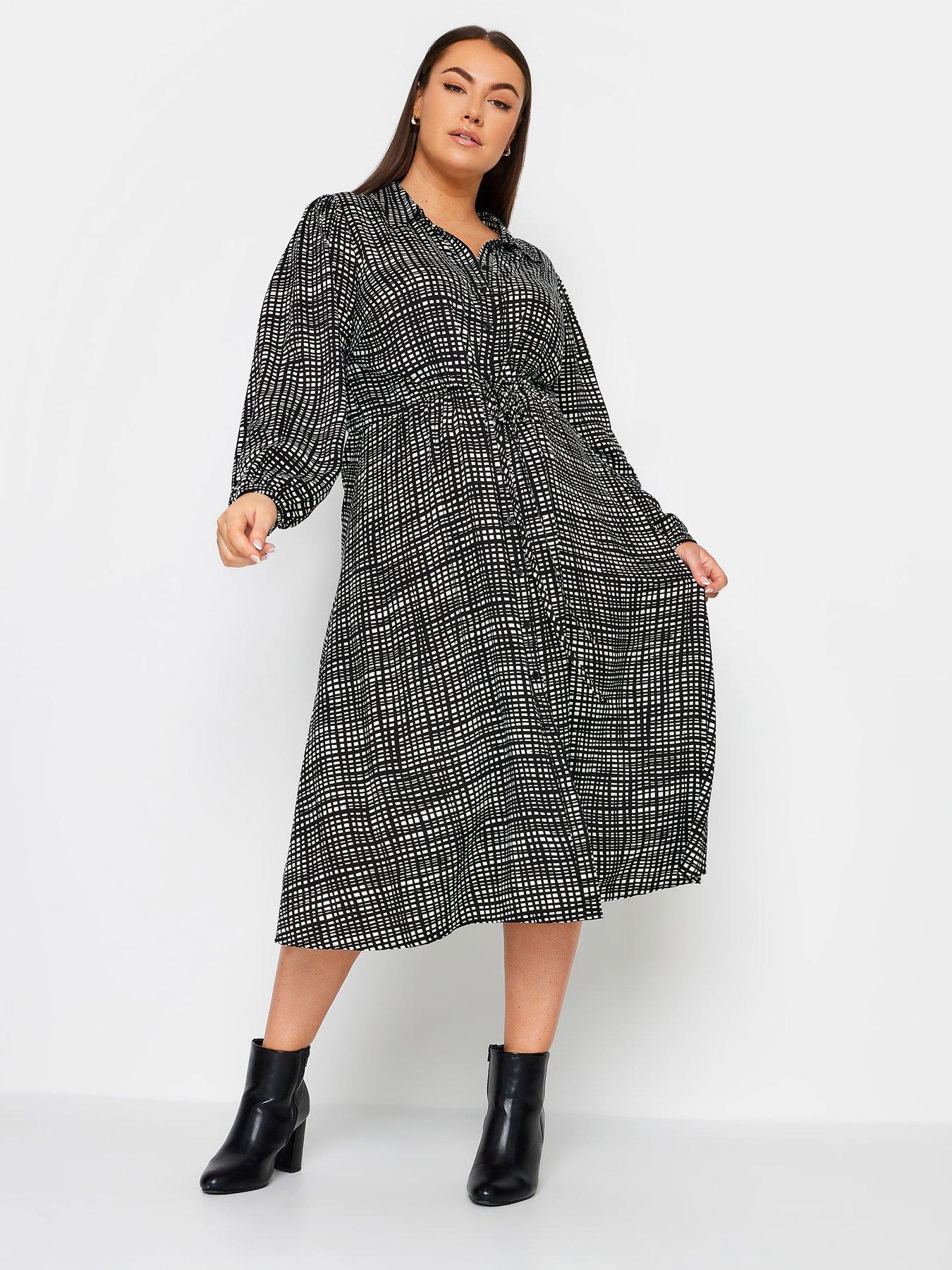 yours-curve-mono-grid-shirt-dress-black