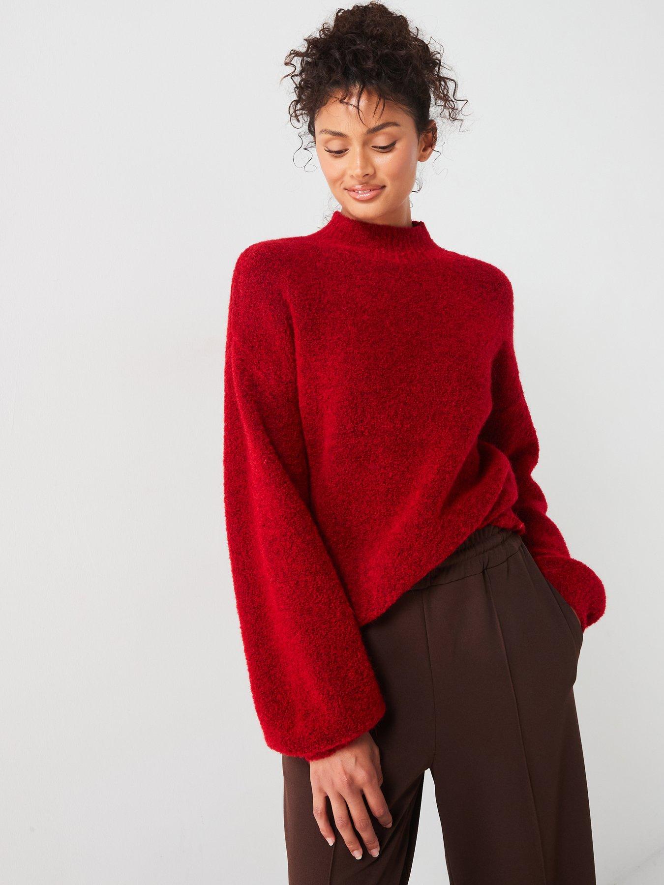 undefined Funnel Neck Balloon Sleeve Jumper with Wool  - Red