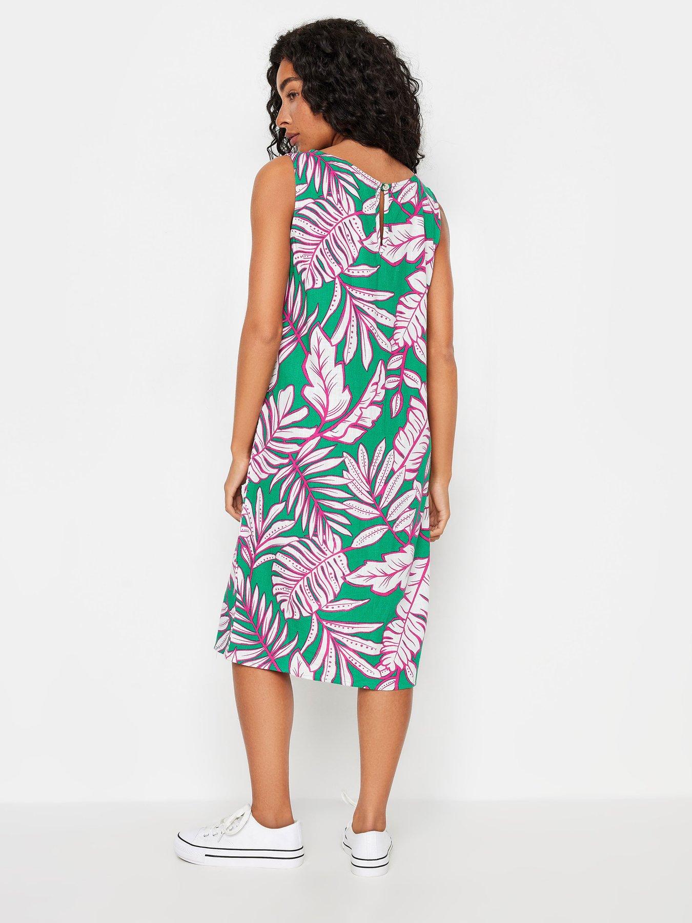 mco-petite-petite-green-pink-leaf-print-linen-shift-dressstillFront