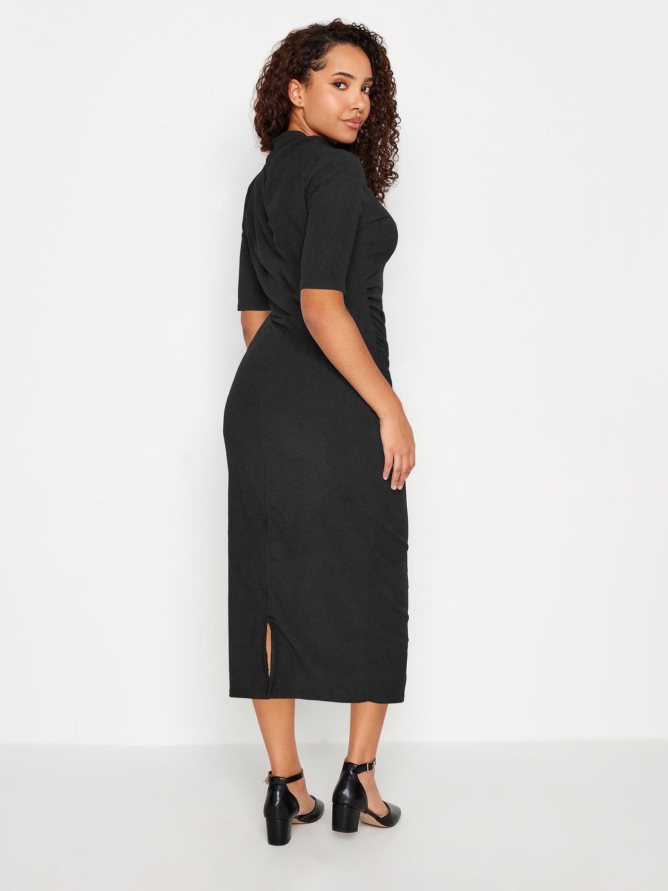 mco-petite-textured-gathered-midi-dress-blackstillFront