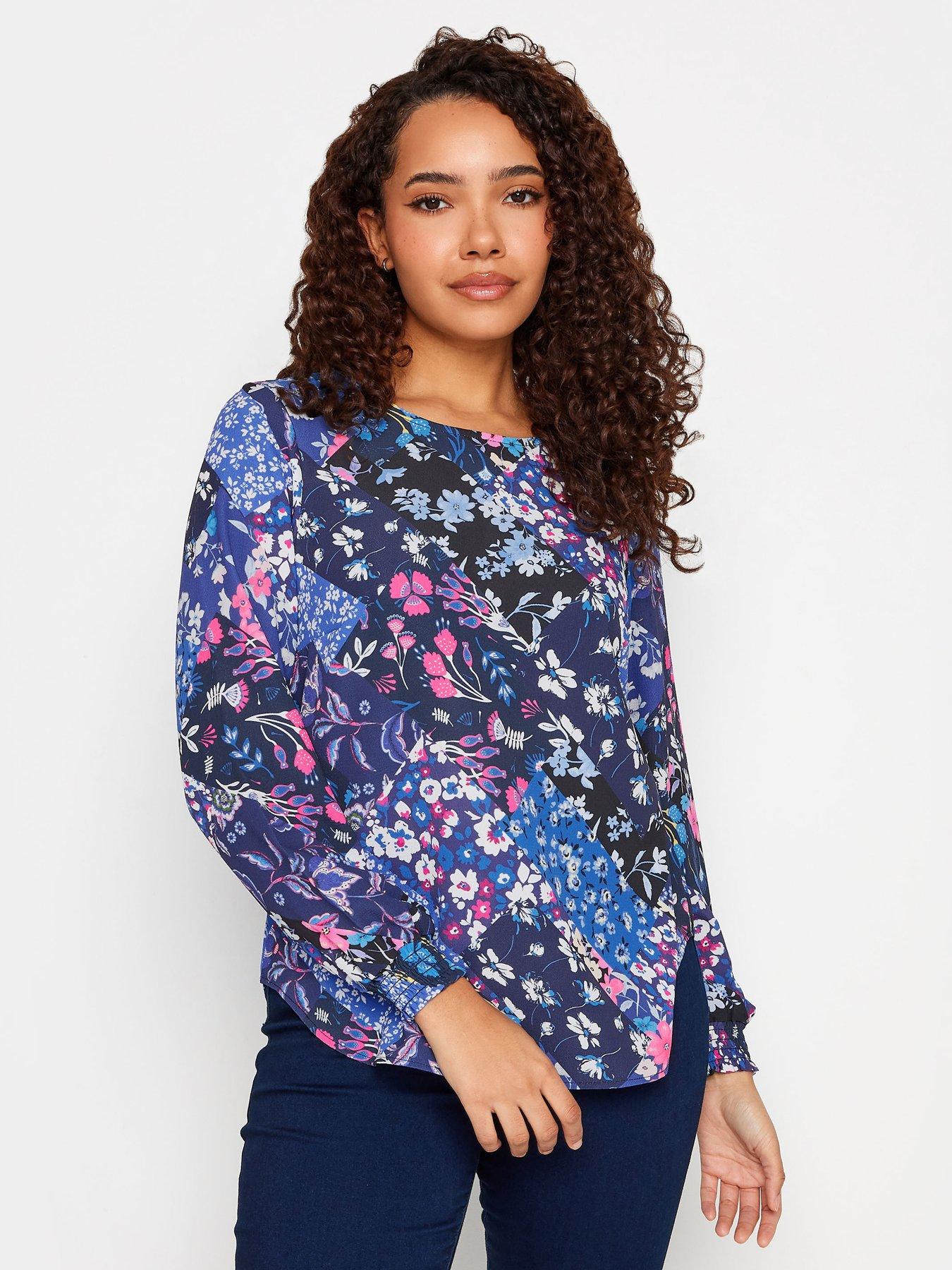 mco-blue-floral-scarf-print-shirred-cuff-long-sleeve-top