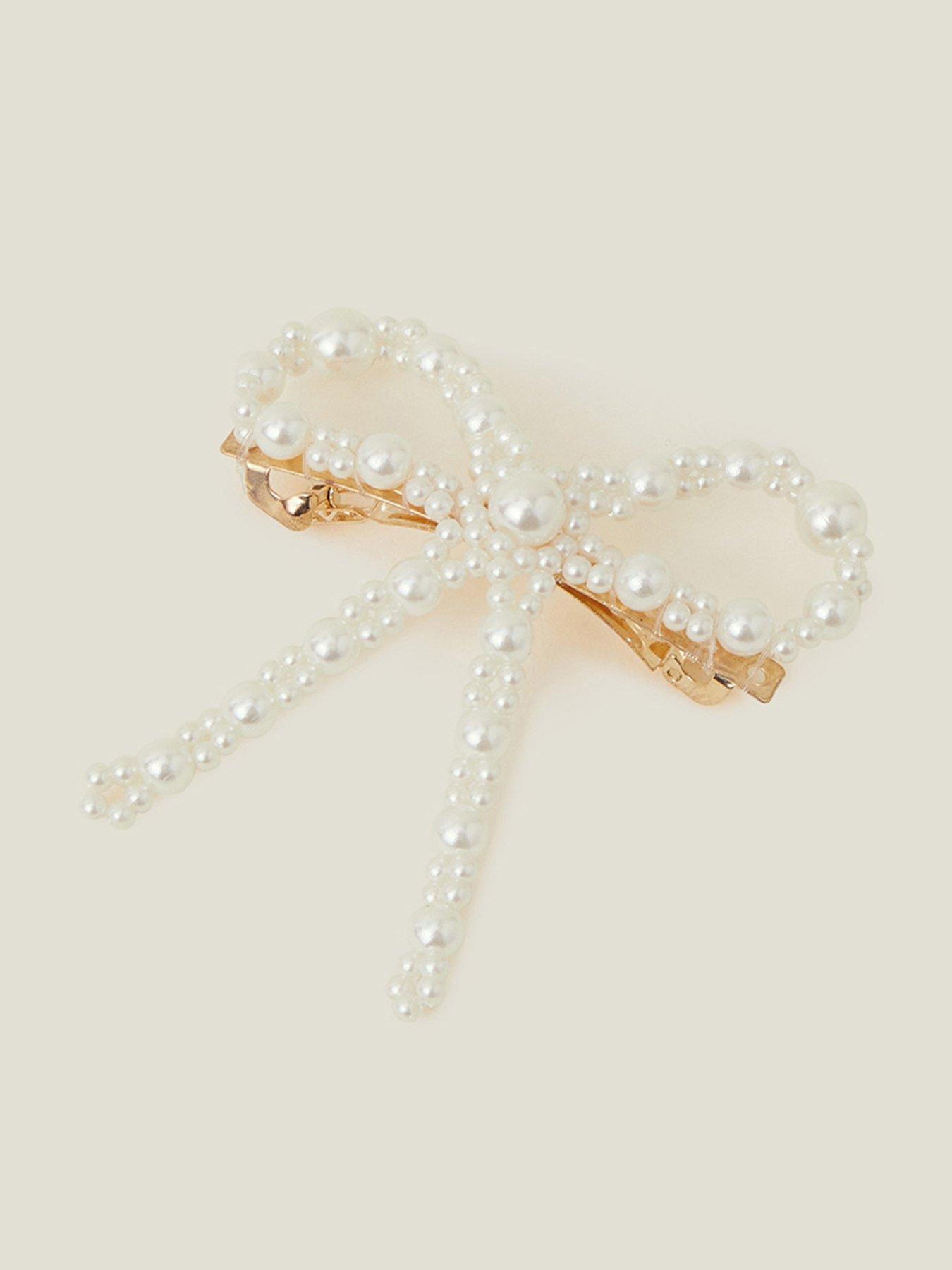Image 1 of 3 of Accessorize Mini Bow Pearl Barrette Clip
