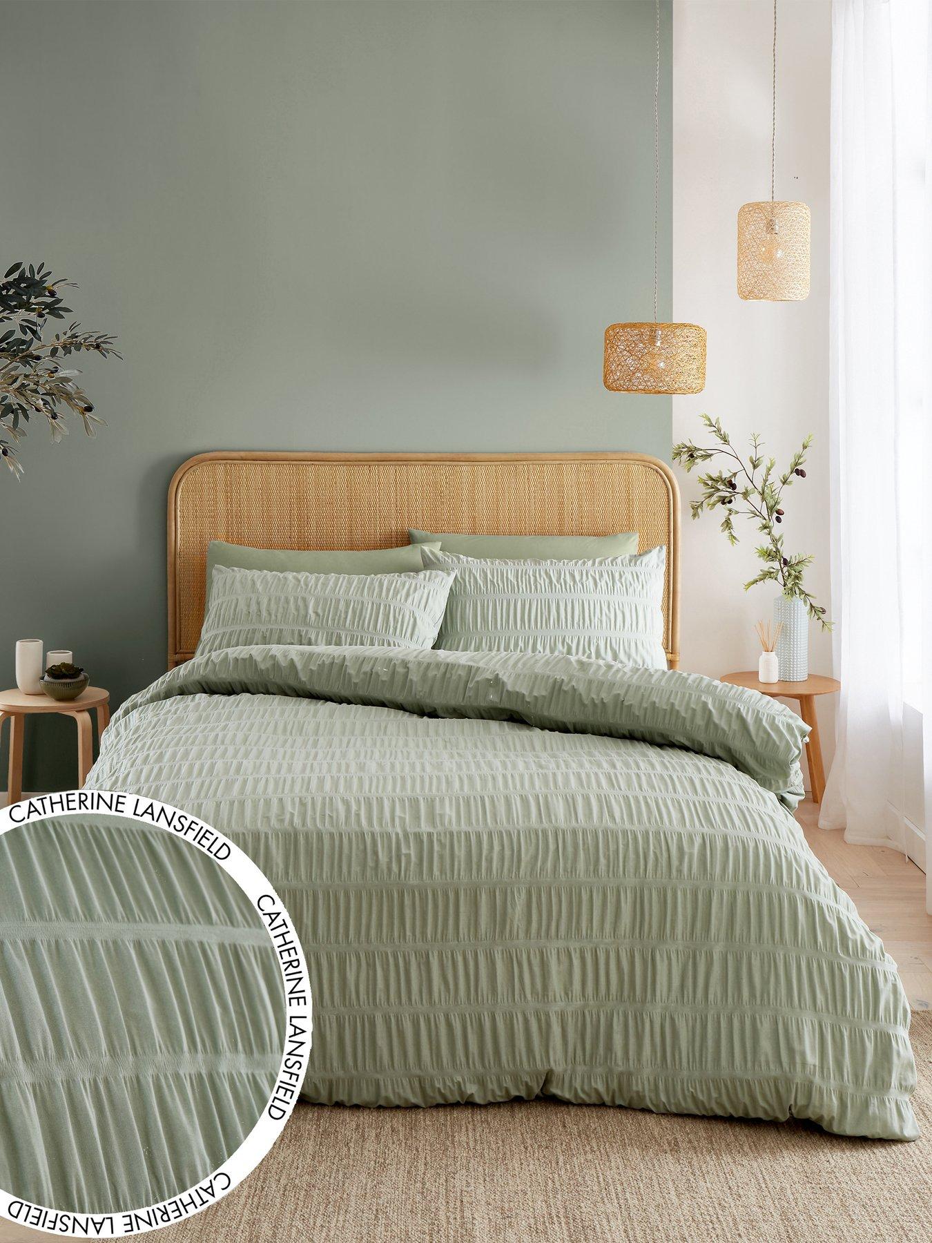 Image of Catherine Lansfield Seersucker Duvet Cover Set - Sage