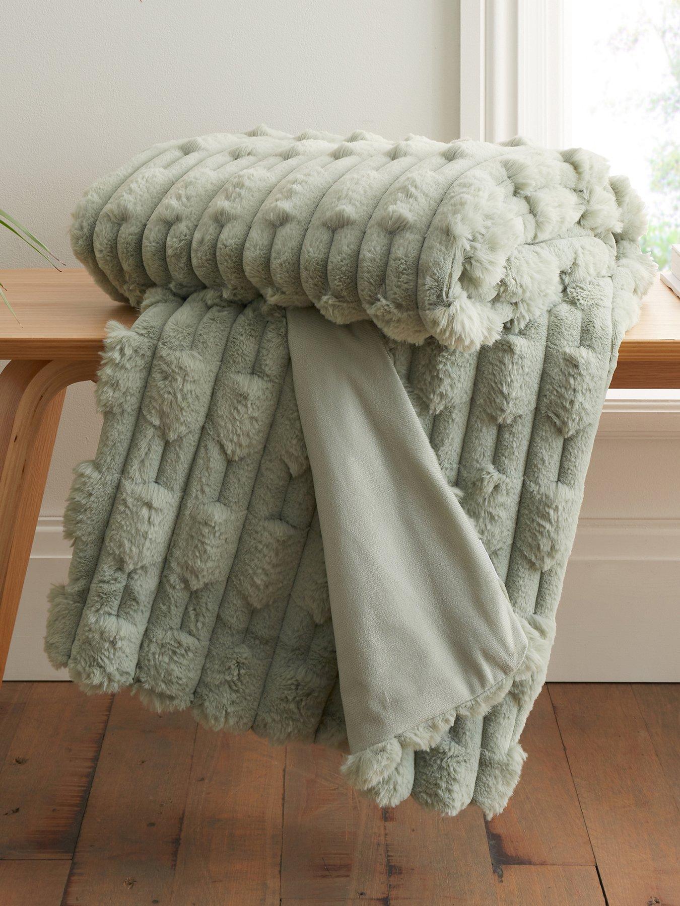 Bianca Carved Faux Fur Cosy Throw in Sage 150x200cm