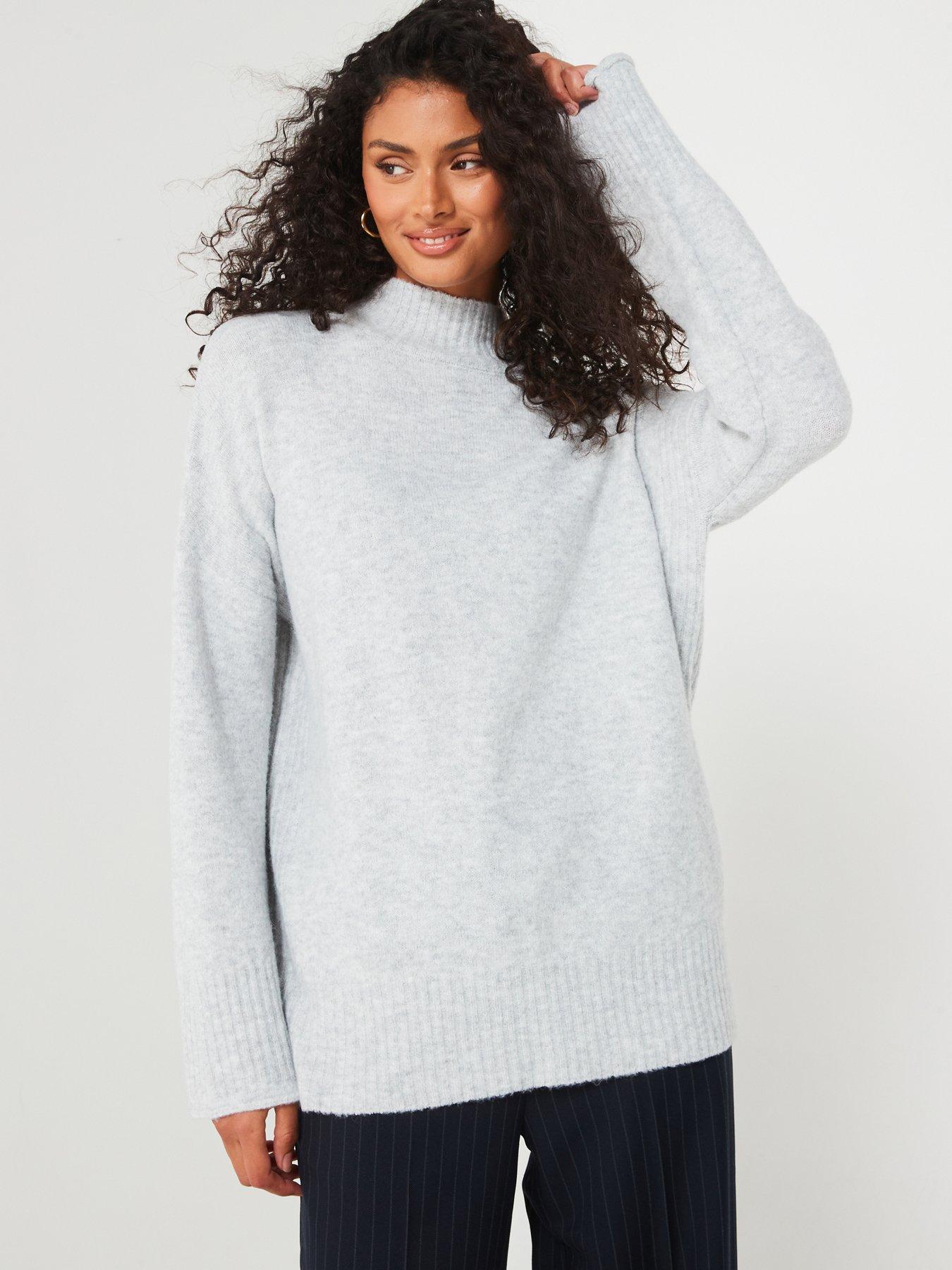 Funnel Neck Seam Detail Longline Jumper Light Grey