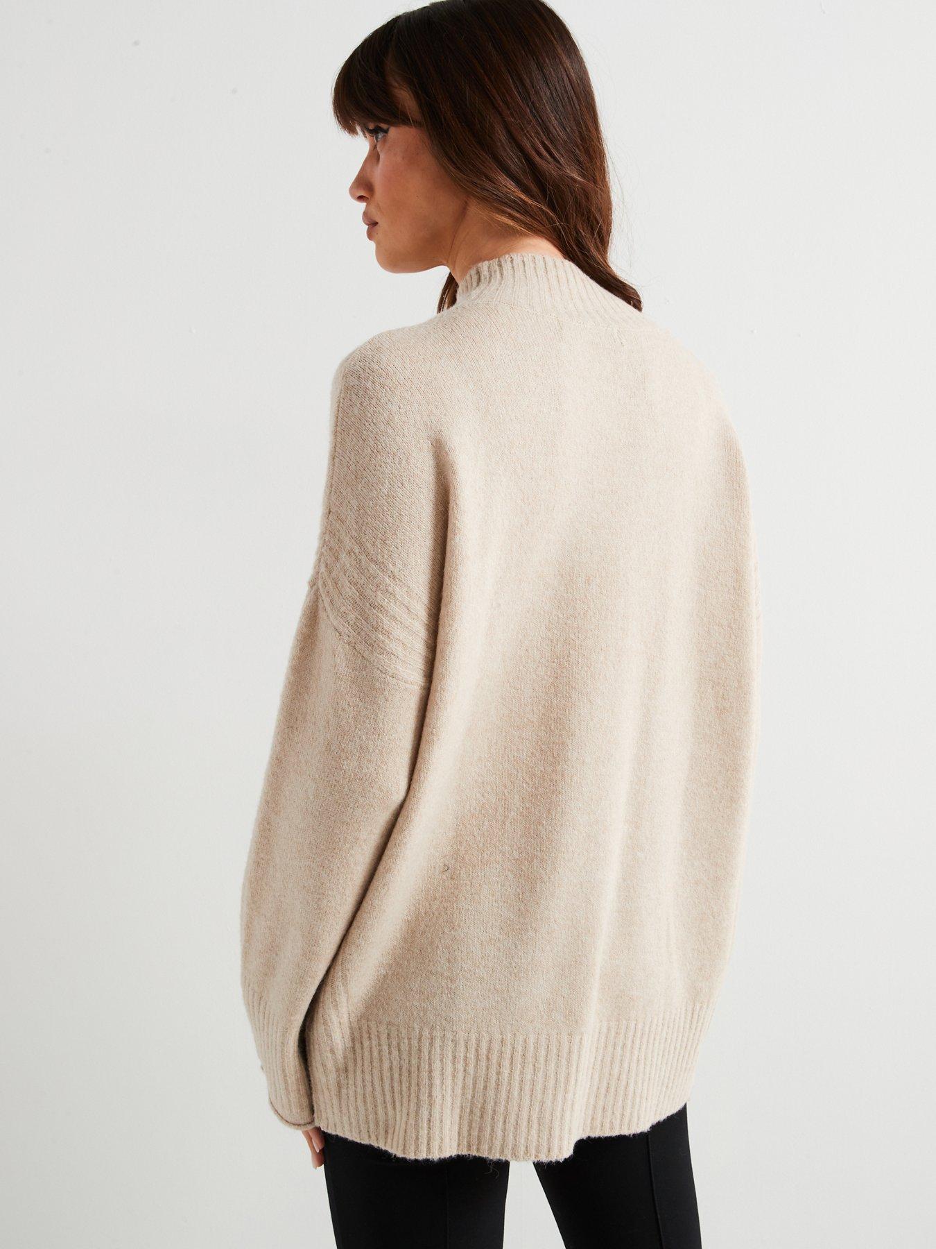 v-by-very-funnel-neck-seam-detail-longline-jumper-beigestillFront