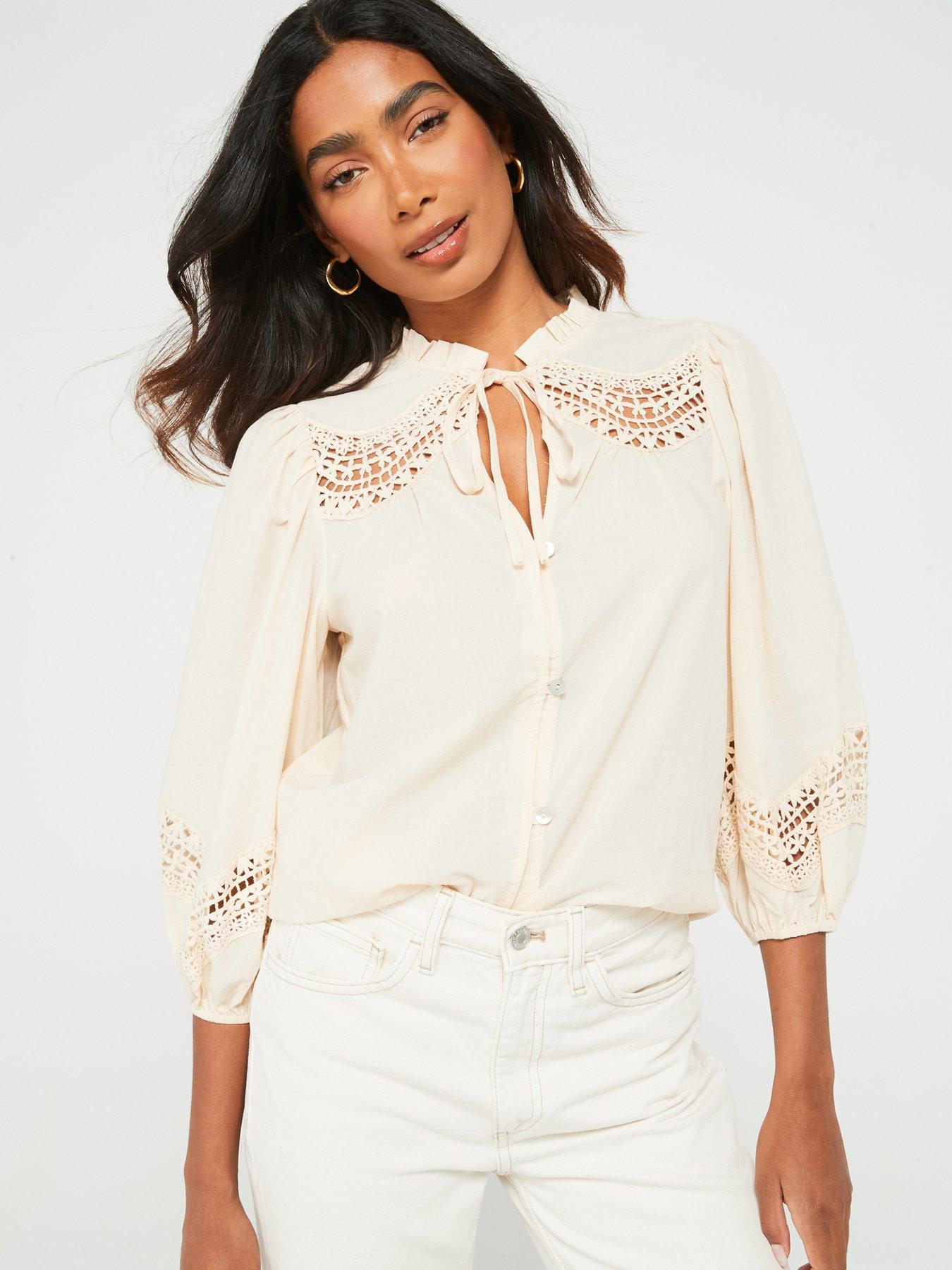 v-by-very-tie-neck-crochet-trim-blouse-cream